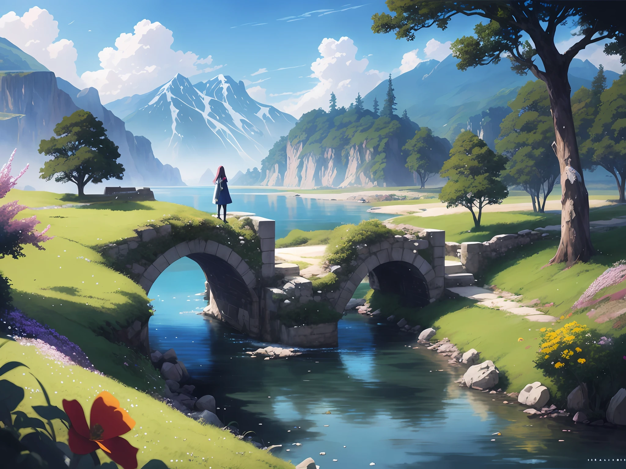 Anime scenery A woman stands on a bridge over a river, silvain sarrailh, ross tran. scenery background, author:Sylvain Salair, inspired by sylvain sarrailh, Anime landscape concept art, beautiful anime scenery, Relaxing concept art, Anime landscape, anime countryside landscape, landscape artwork, Detailed scenery —width 672, Fantasy art landscape