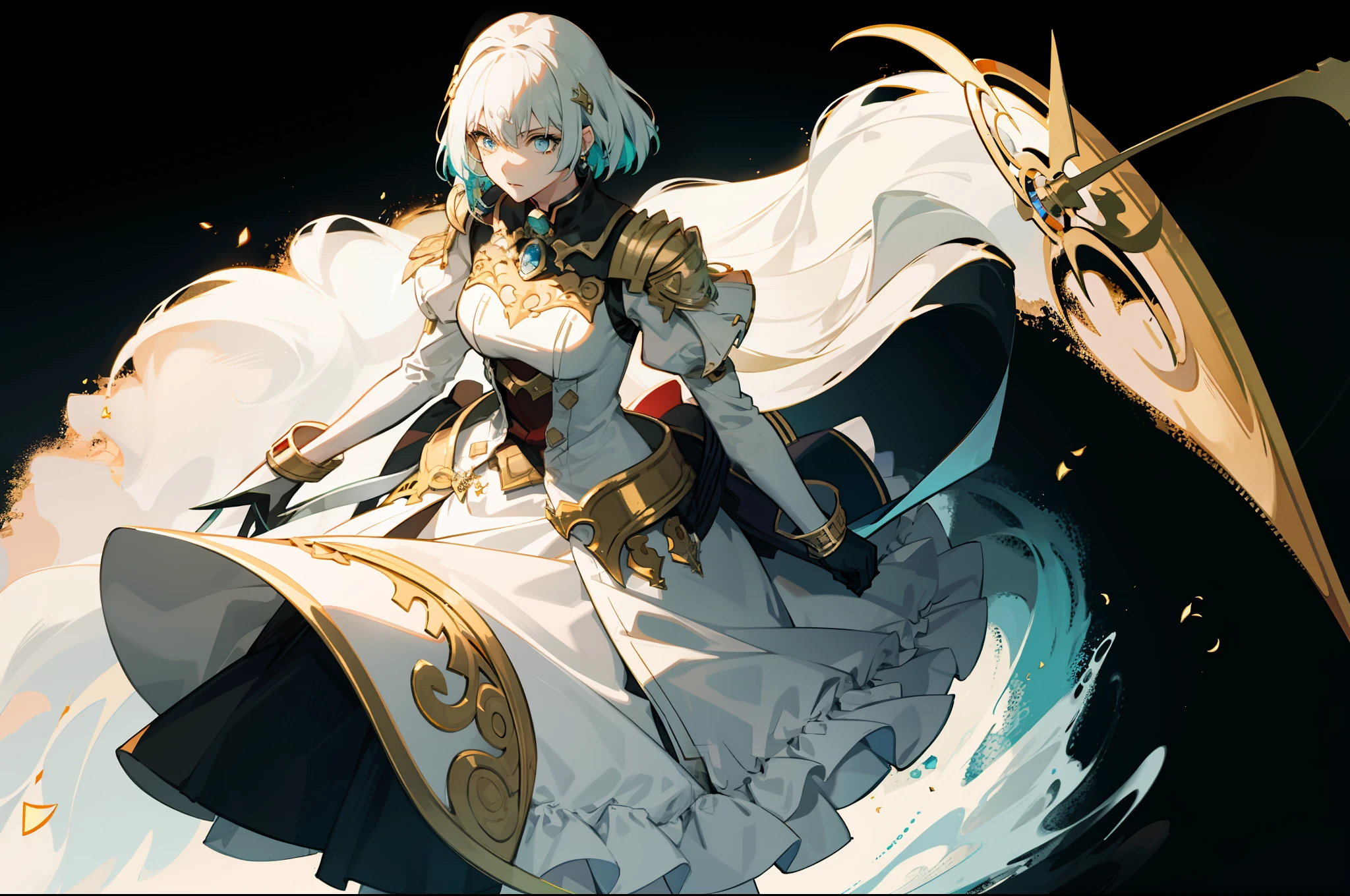 "((masutepiece)), Best Quality, Ultra-detailed, Extremely detailed, (1 girl), floating golden hair, Blue eyes, white imperial outfit,Green hairs,Dynamic Focus, Anime style,(Colorful colors), color filtration."