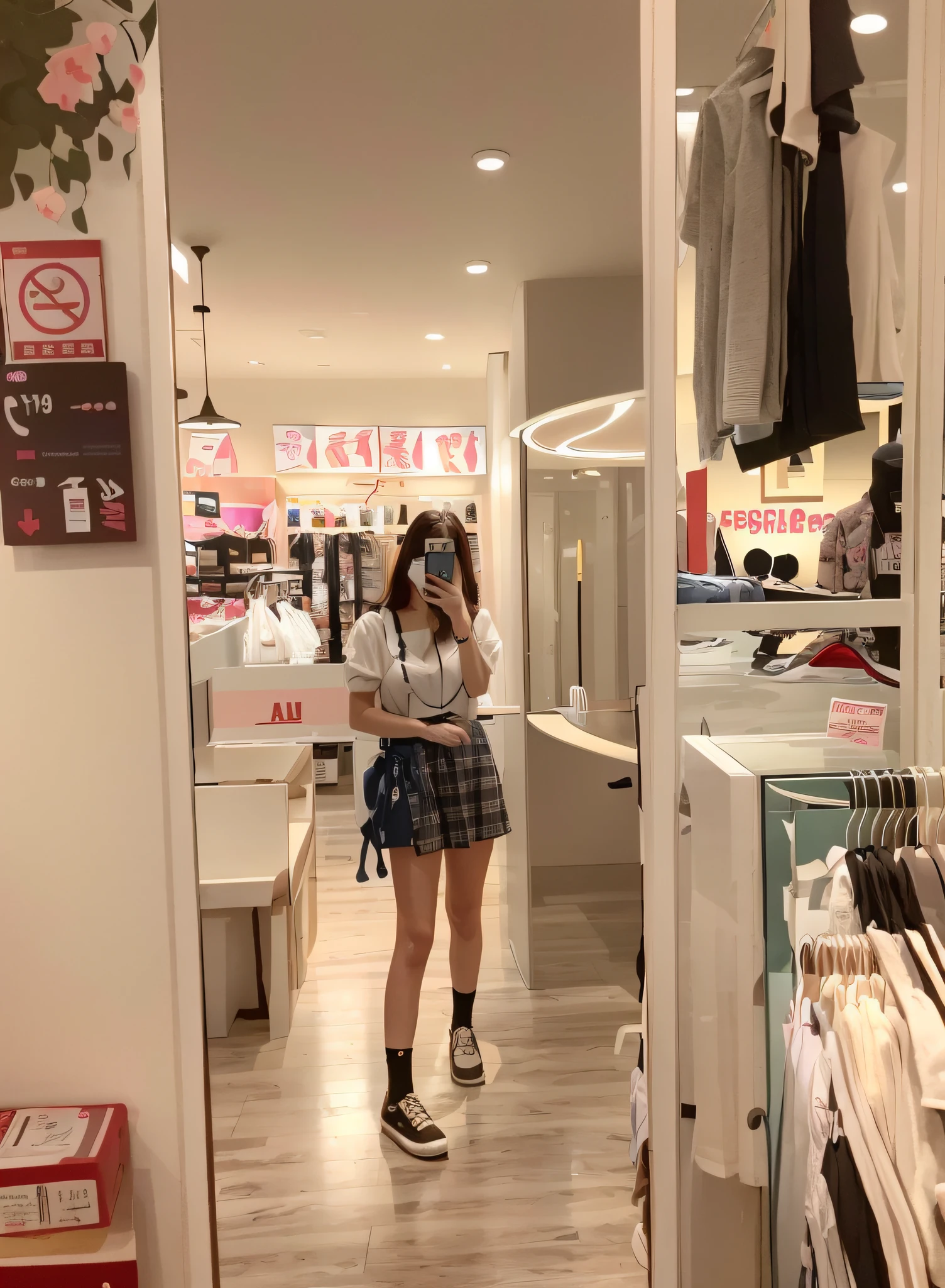 there is a woman standing in a store looking at her cell phone, 😭 🤮 💕 🎀, in a mall, appearing in a shopping mall, 🤬 🤮 💕 🎀, ulzzangs, in mall, full-body xianxia, 8K 50mm ISO 10, xintong chen, wide angle full body