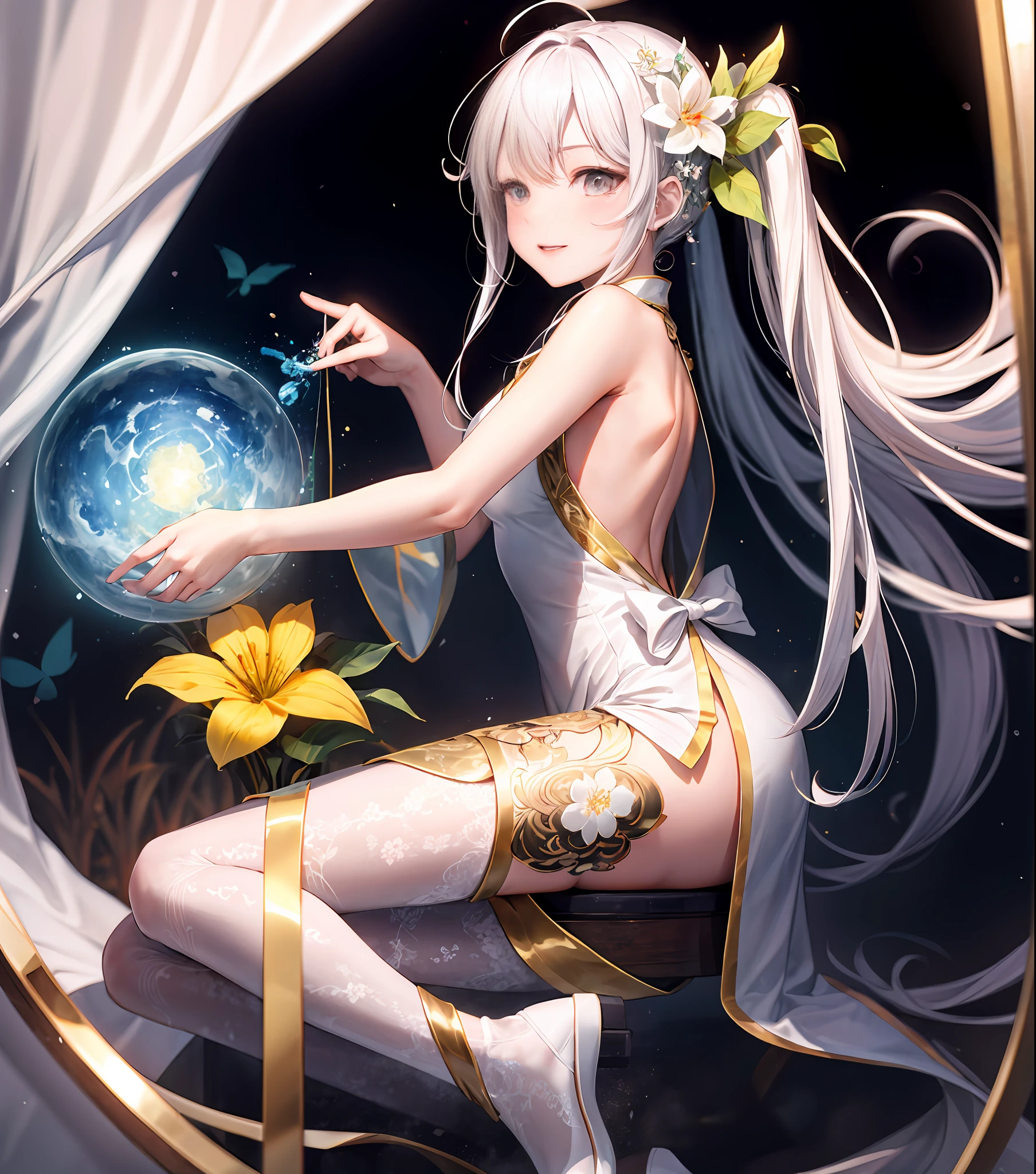 long white hair,Radiant and silky skin,Float freely in a white backless cheongsam,Ethereal,An existence like a mysterious flower fairy。