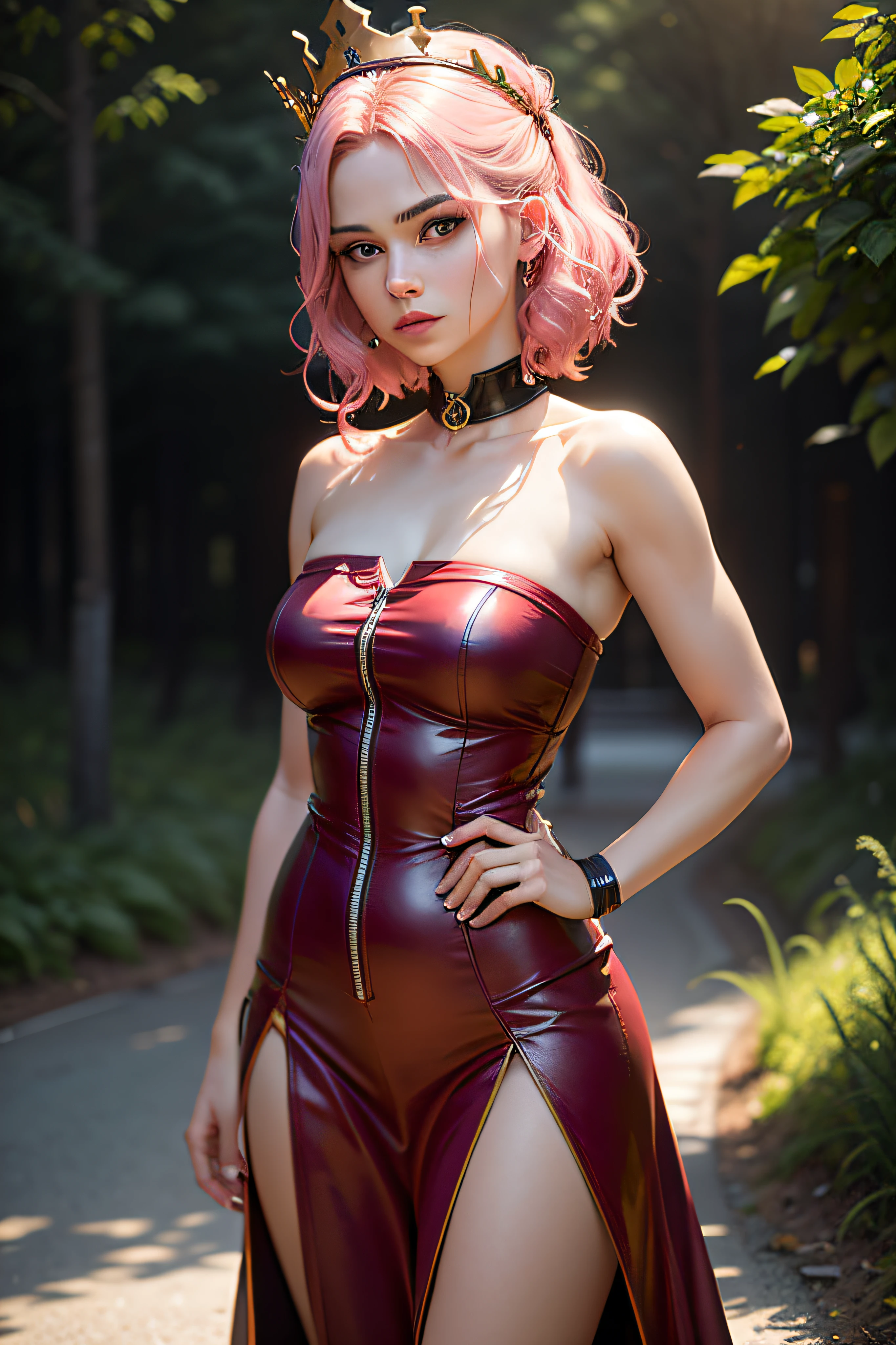 (8k, RAW photo, best quality, masterpiece), ultra high res, (realistic, photo-realistic), 1girl,  emotionless, solo, pink hair, yellow eyes, professional lighting, detailed lighting, backlighting, depth of field, natural lighting, hard focus, two-meter shooting distance, professional photoshoot, detailed eyes, realistic eyes, detailed shadow, game cg, cosplay,  pink clothes with arm ring, strapless, upper body, pink clothes, outdoors, crown,