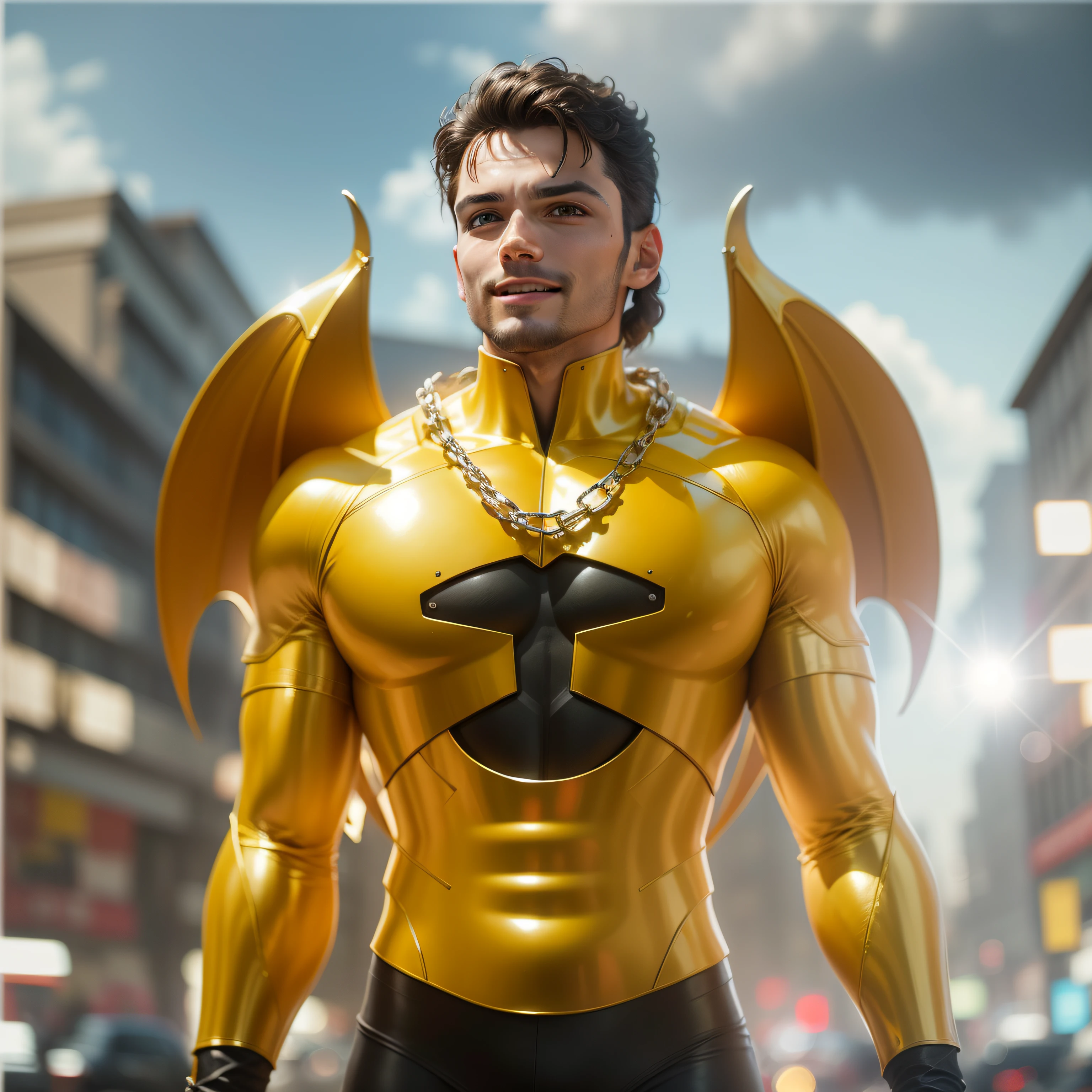 melhor qualidade, Ultra high resolution, rosto detalhado, rosto realista, foto RAW, standingn, rosto bonito, sorriso, cabelo castanho, cabelo detalhado, cabelo curto, (alegre, energetic, feliz: 1,4), dramatic background, complexo, cinemactic, film , (rutkowski, artstation:0.8), detalhes insanos, detalhes intrincados, hiperdetalhado, baixo contraste, soft Cinematic Light, exposure combination, hdr , homem heroi roupa dourada --auto