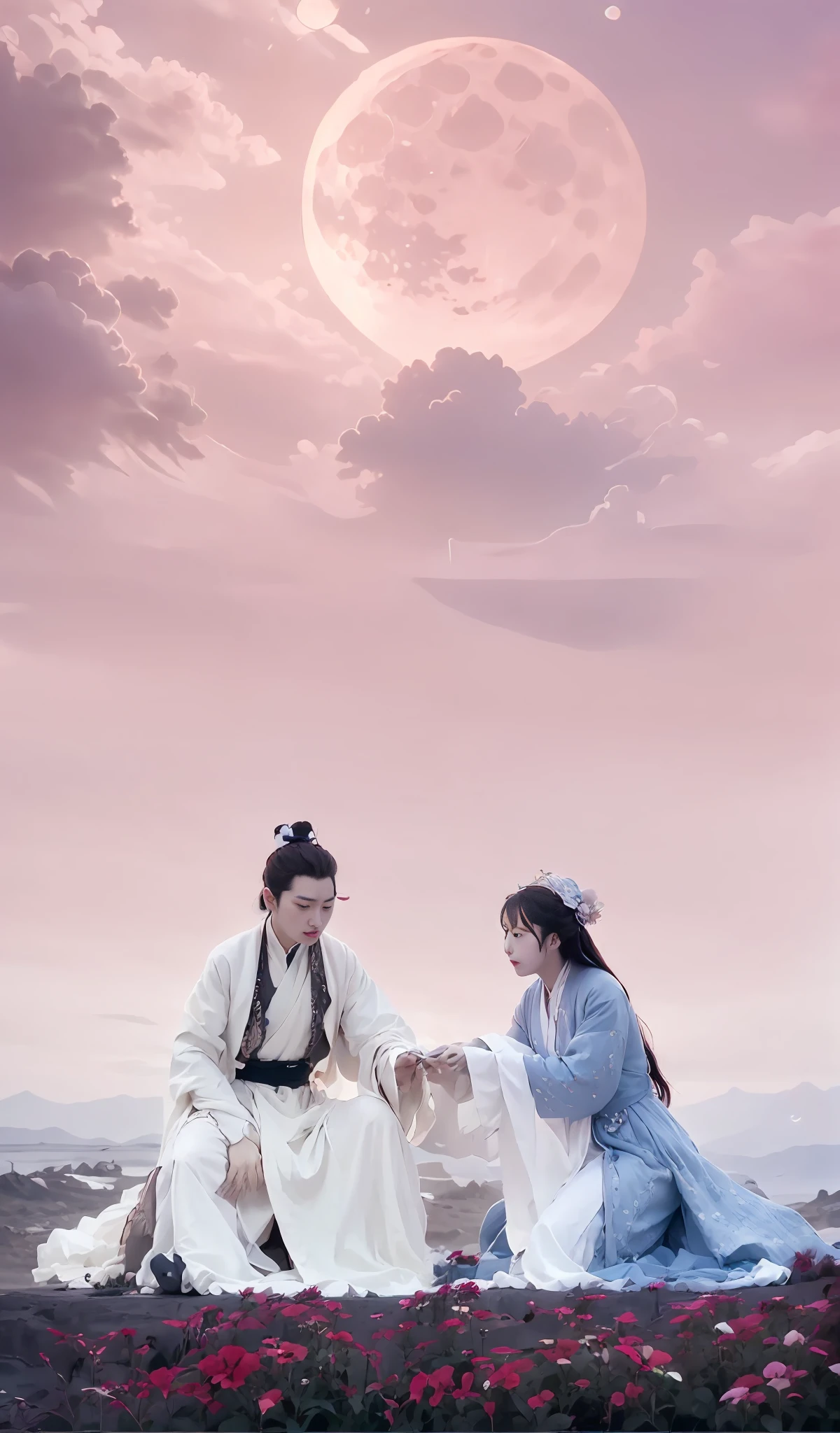Real department，photore，8K，Super detailed historical drama，1 man and 1 woman sitting in a sea of flowers holding Hanyi，Illuminated by the huge moon。Film promotion style