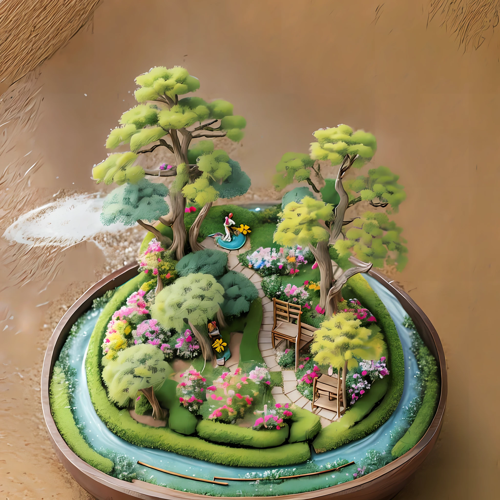 Miniature bonsai landscape with dolls above