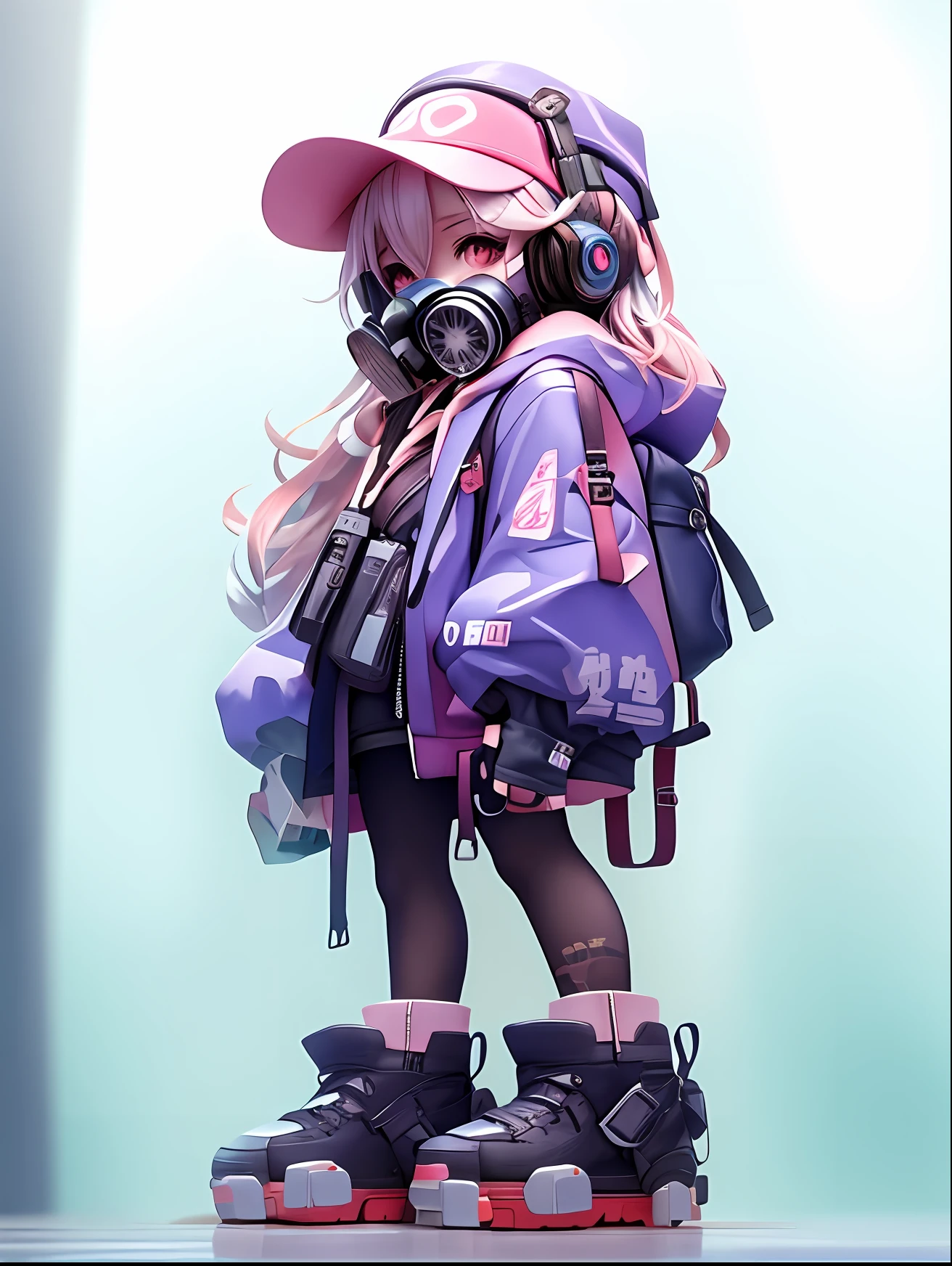 Anime - style girl standing on platform with backpack and gas mask, Guviz-style artwork, Anime style. 8K, anime styled 3d, style of anime4 K, Digital cyberpunk anime art, render of a cute 3d anime girl, cyberpunk anime girl in hoodie, Guviz, Style anime, Guweiz on ArtStation Pixiv