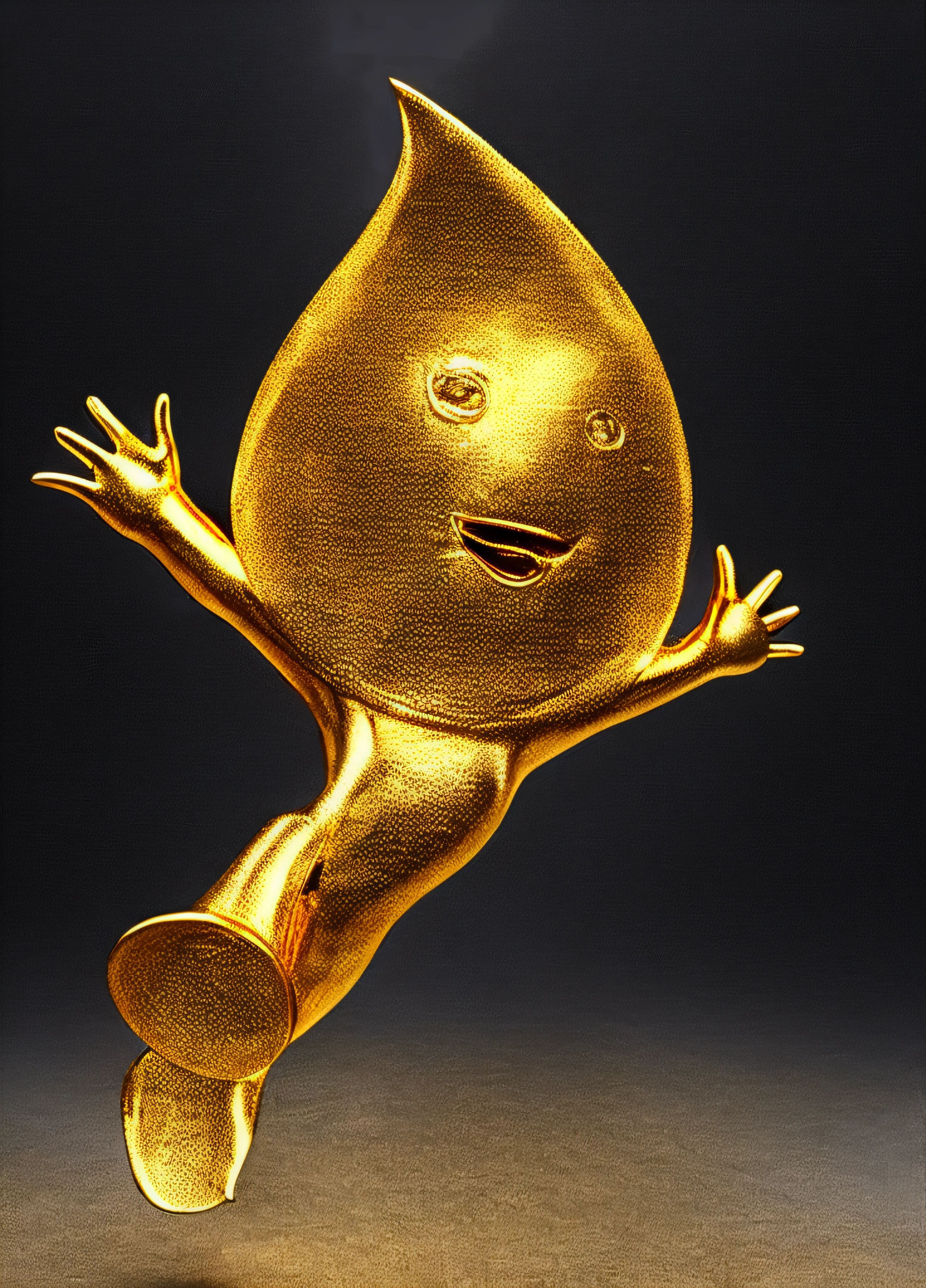 Alphad golden cartoon character jumping in the air with outstretched arms, character is covered in liquid, award winning cgi, award winning picture, elated gaunt onion head, award winning animation, sculpture made of gold, gold body, liquid gold, Metal Textures,Metallic color,golden colored,metalictexture,Metallic matte feel,gold,Goldy,3DMM