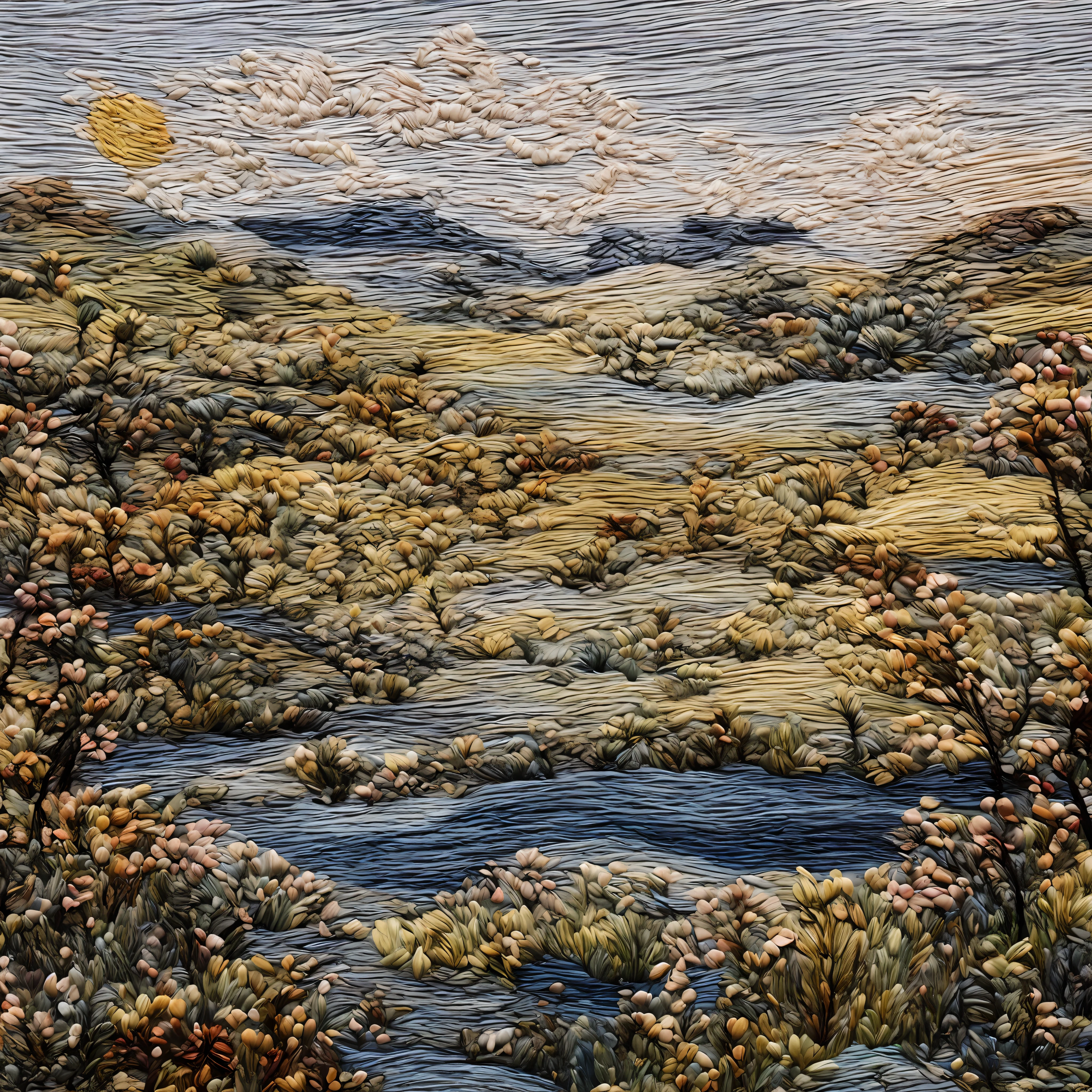 Embroidered with thread, A landscape with house of muted colors, From threads, embroidery, Boho, Matte, Individual threads, Gorgeous, magical photography, dramatic lighting, photo realism, ultradetailed, 4k, Depth of field, hight resolution