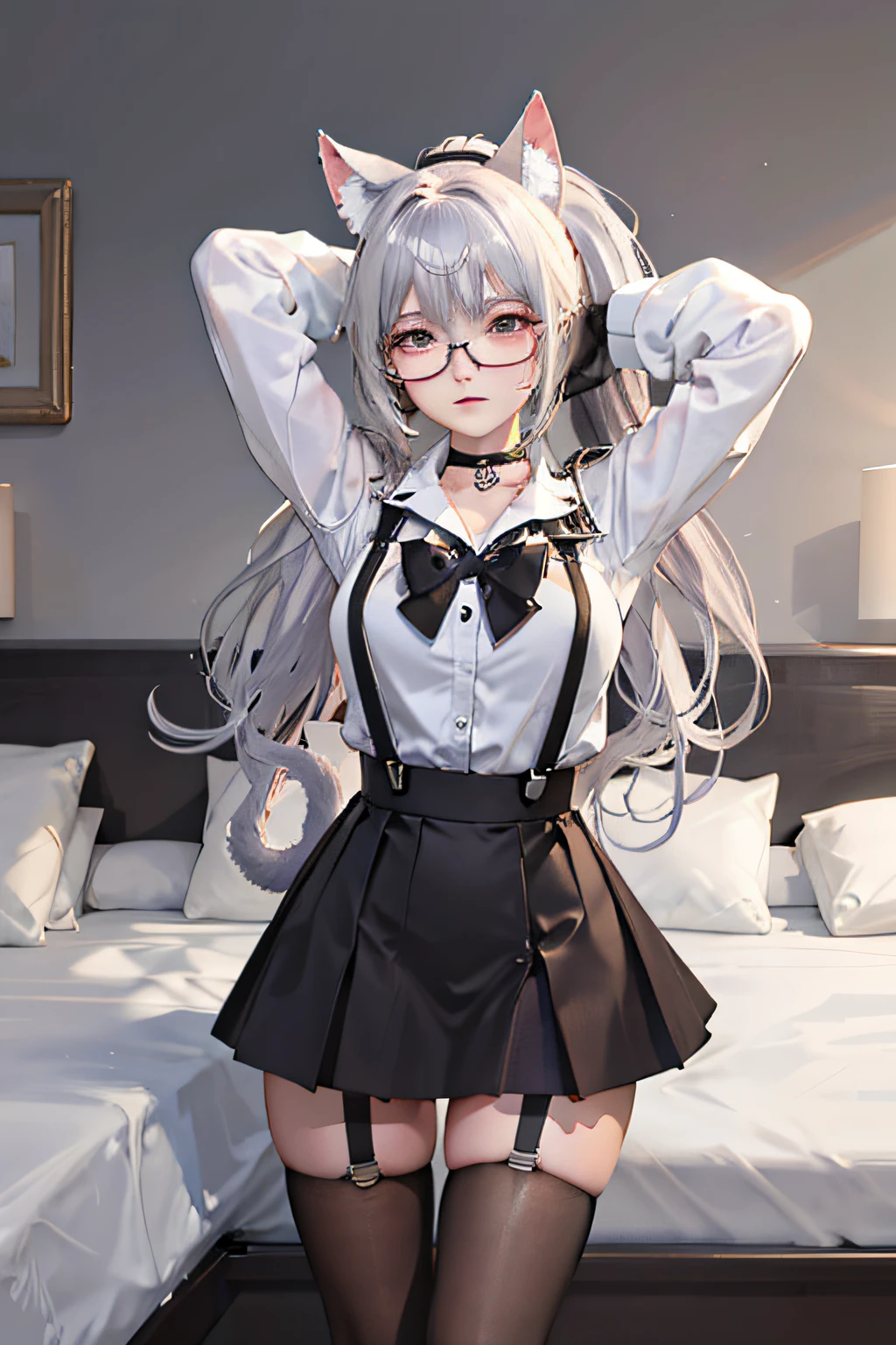 Clear picture（（1个Giant Breast Girl）），（dim murky lights），[detailedbackground（liveroom）），（wears glasses），（（Silvery hair）），（（（（（Fluffy silver hair，plump and slender girl））Wears a high ponytail）））on bedroom（（（（Girl wears white shirt，Black wrinkled skirt，Wear it with black transparent suspender stockings），It shows a delicate and slender figure and beautiful curves，Correct limbs，Put your hands behind your head，Put both hands behind your head，cat ear，Wear a choker，a cat tail，Black lace gloves
