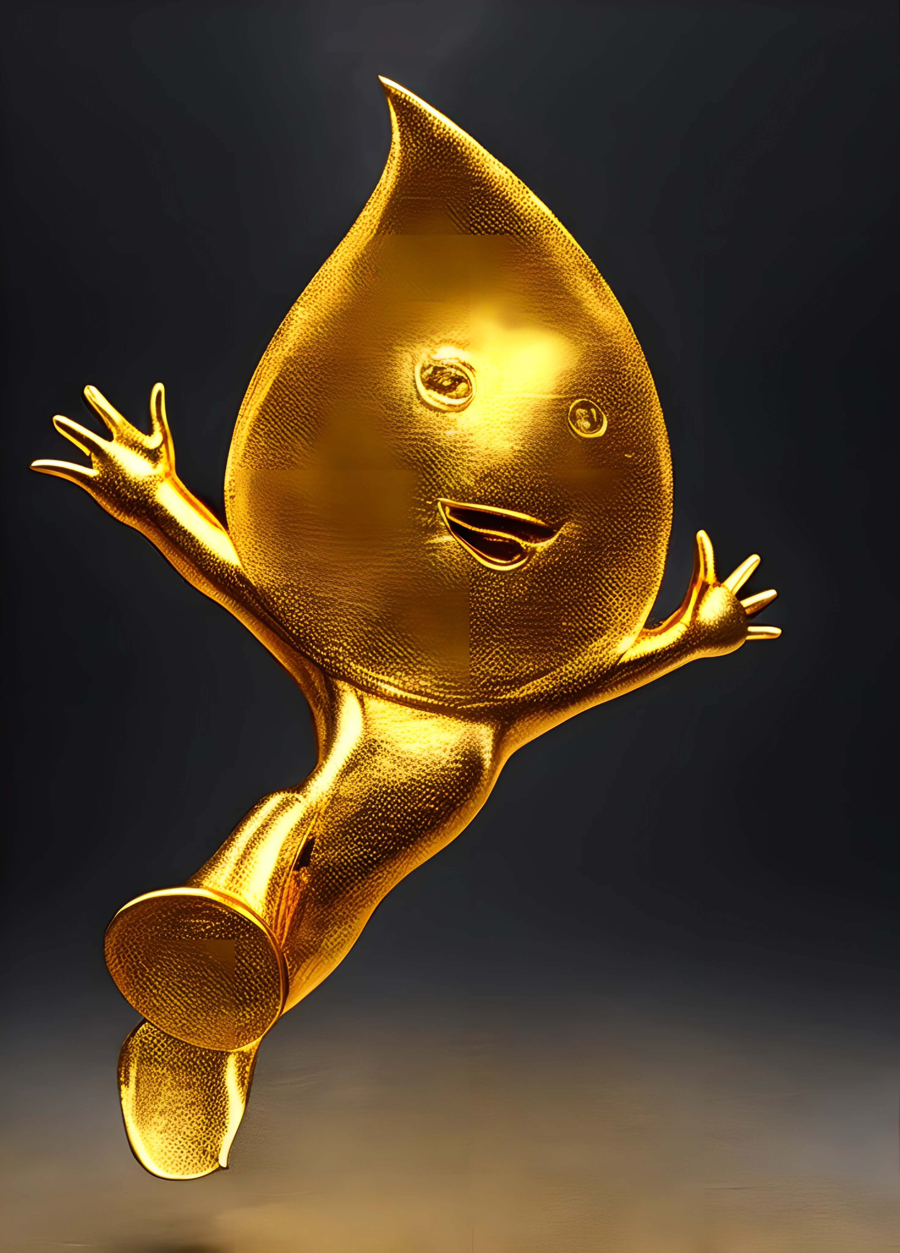 Alphad golden cartoon character jumping in the air with outstretched arms, character is covered in liquid, award winning cgi, award winning picture, elated gaunt onion head, award winning animation, sculpture made of gold, gold body, liquid gold, Metal Textures,Metallic color,golden colored,metalictexture,Metallic matte feel,gold,Goldy,3DMM