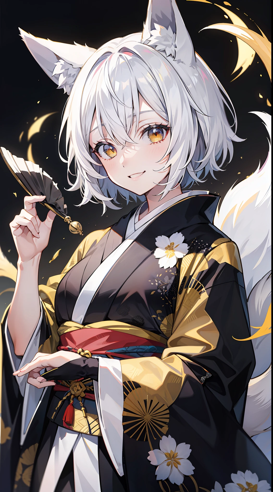 Adult woman, short white hair, Fox ears, Fox tails, golden eyes, black whites of the eyes, kimono, ssmile, Masterpiece, hiquality
