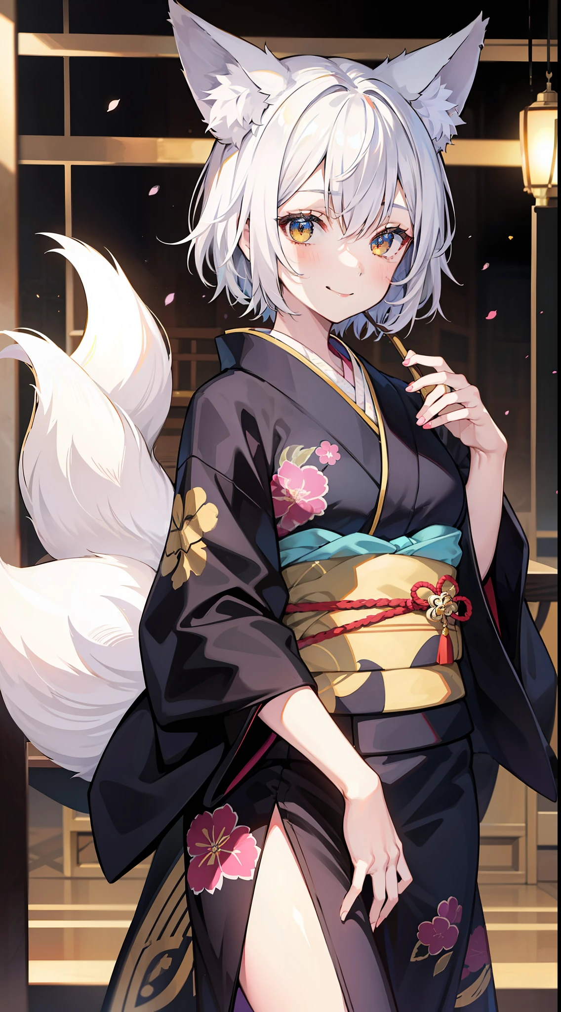 Adult woman, short white hair, Fox ears, Fox tails, golden eyes, black whites of the eyes, kimono, ssmile, Masterpiece, hiquality
