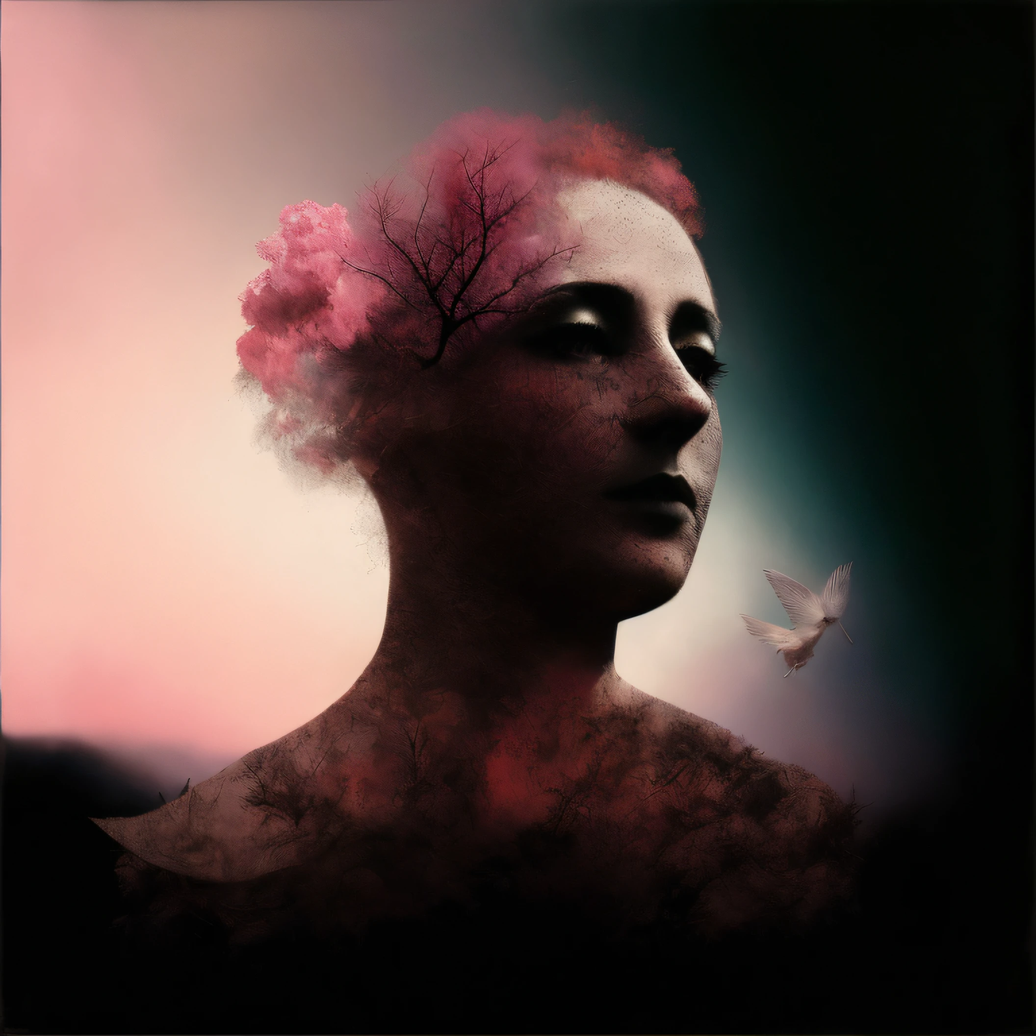 There is a woman with pink hair and a tree on her head, Retrato surrealista, Double exposure portrait, inspirado por Odd Nerdrum, portrait of a dryad, inspirado por Katia Chausheva, Alena Aemani Arte Digital, inspirado en Bastien L. Deharme, Transformation portrait, inspirado por Catrin Welz-Stein, atmospheric portrait