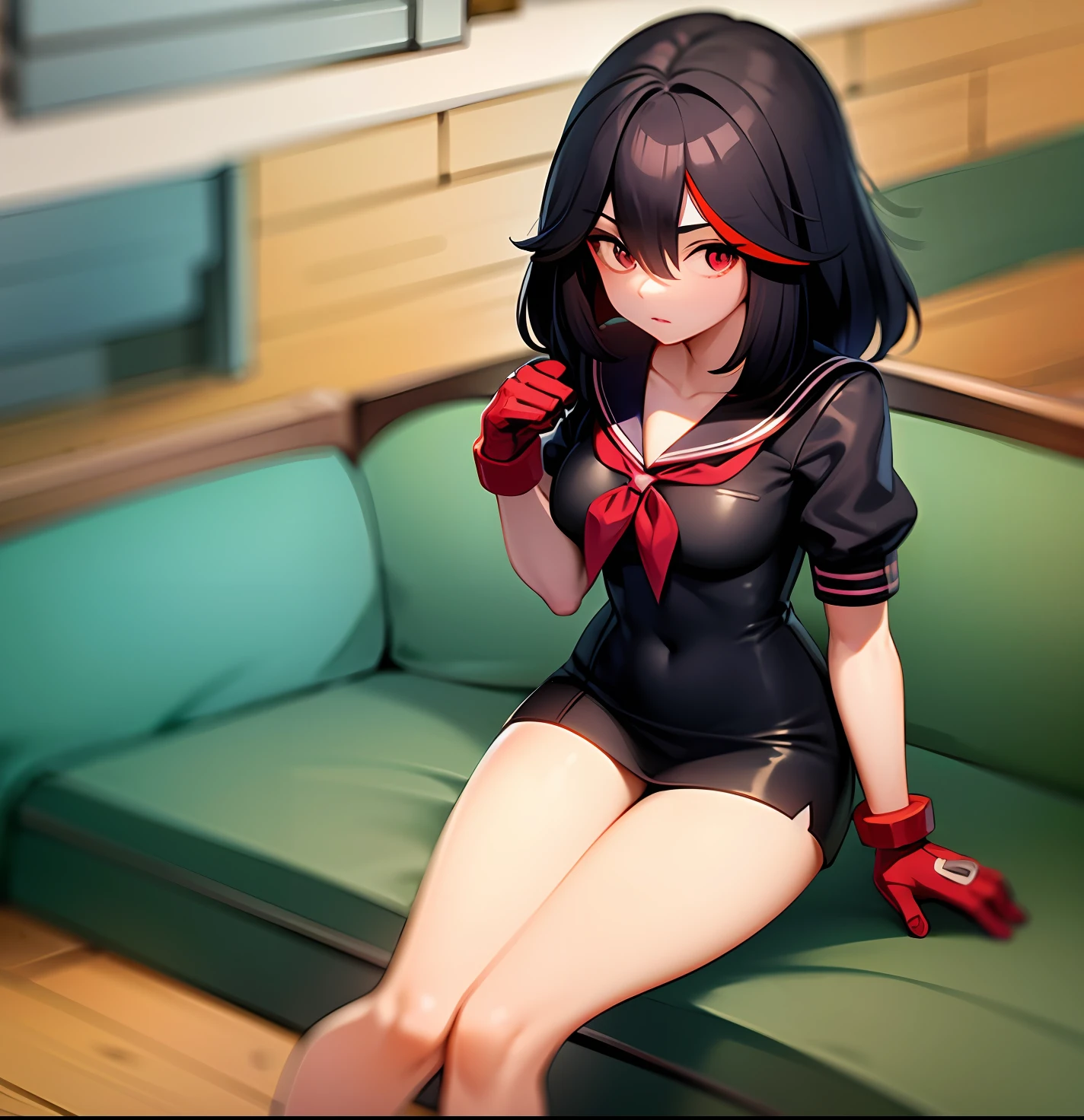 Two-dimensional black-haired beautiful girl with red eyes wearing a black sailor suit