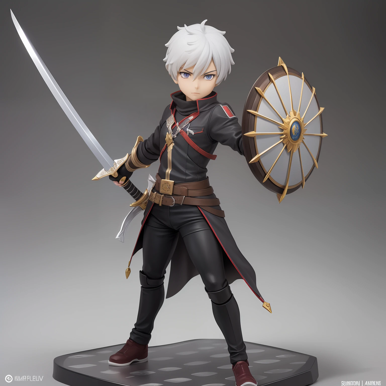 ((Figures，The picture is centered on the character，simplebackground)) ,Sagittarius elements，Cool boy，drak，Silver hair，Sword and shield in hand