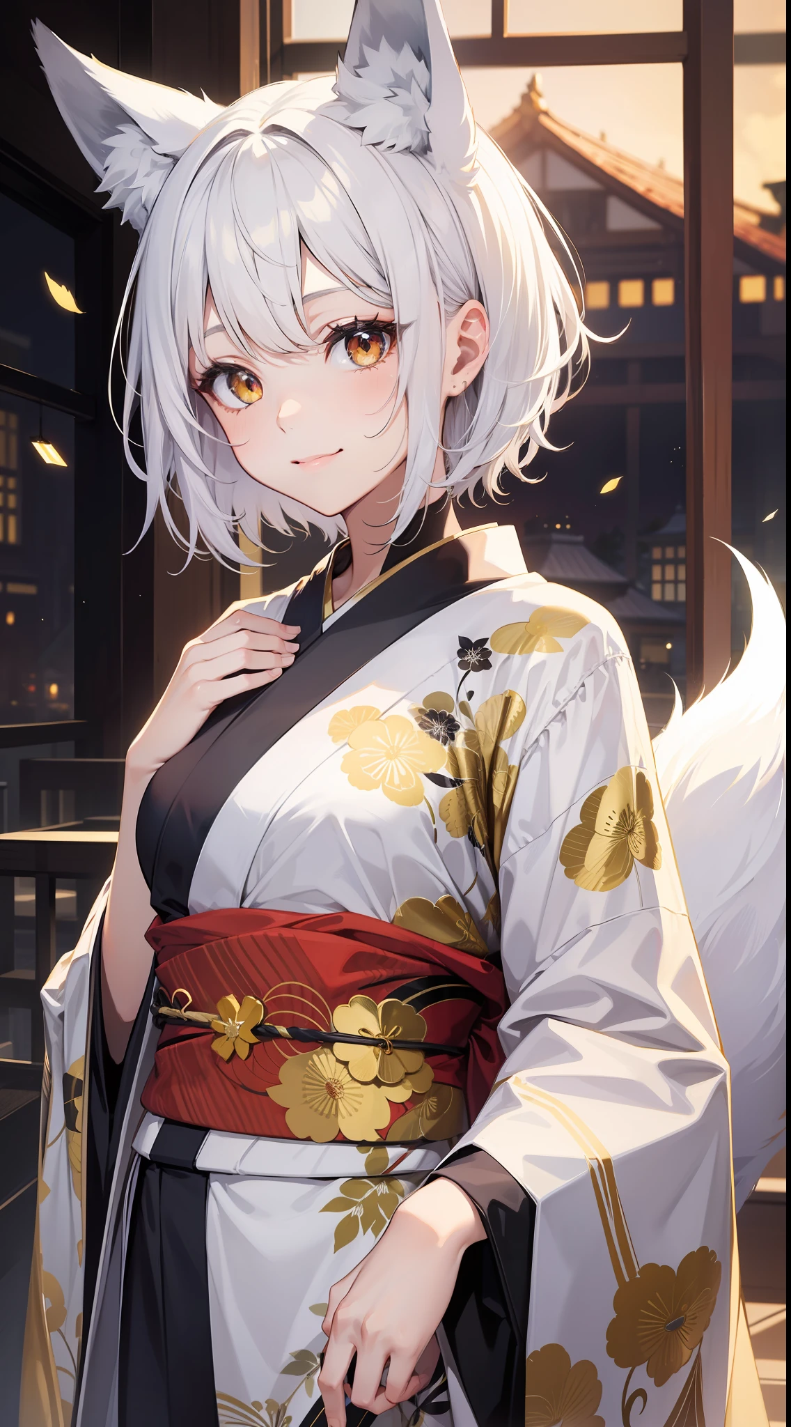 Adult woman, short white hair, Fox ears, Fox tails, golden eyes, black whites of the eyes, kimono, ssmile, Masterpiece, hiquality