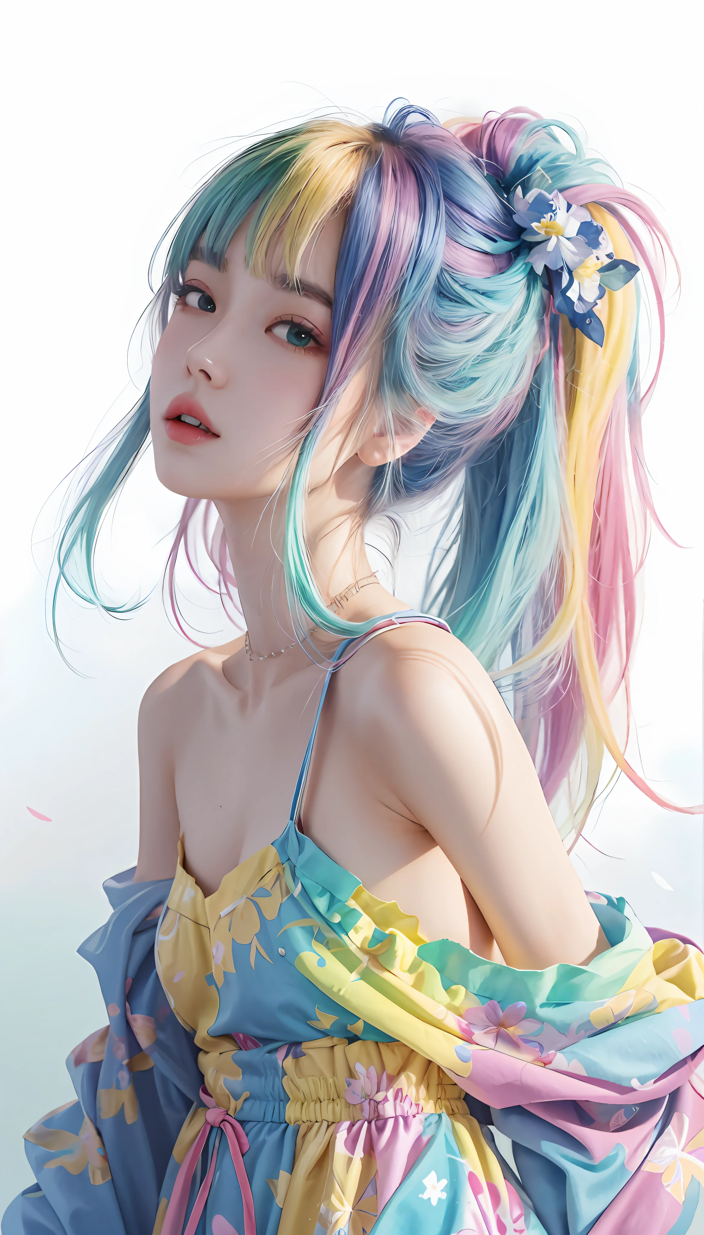 Cute digital artwork：One was dressed in a green dress and a yellow shirt，Cartoon girl holding a flower，Stand on the art station，The expression is charming。The painting style is cute、A detailed，It shows a girl in a flower field dancing freely in a full-body portrait of her shorts。Pay attention to the flower details，Vividly depicted，The overall drawing is very artistic，It is a beautiful illustration work。