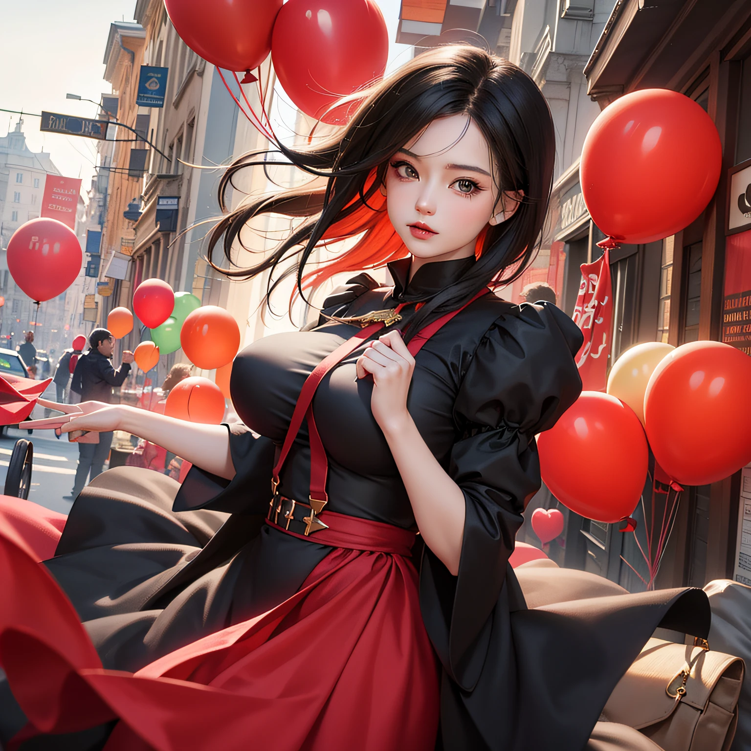 Women in red dresses, upper body, long hair, bright eyes, high nose, rosy lips, goose egg face, looking up at the sky, light blue sky in the background --auto