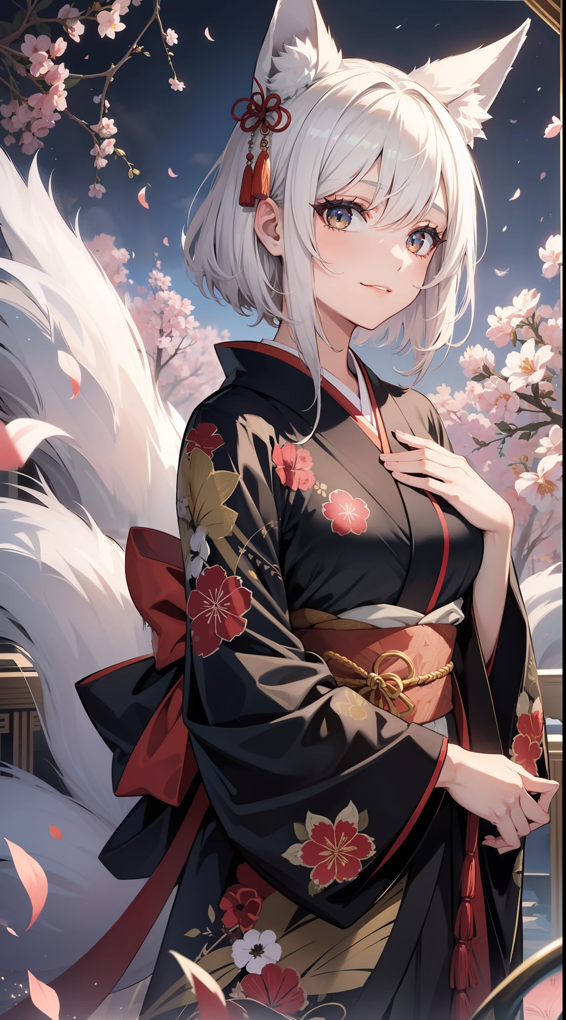 Adult woman, short white hair, Fox ears, Fox tails, golden eyes, black whites of the eyes, kimono, ssmile, Masterpiece, hiquality