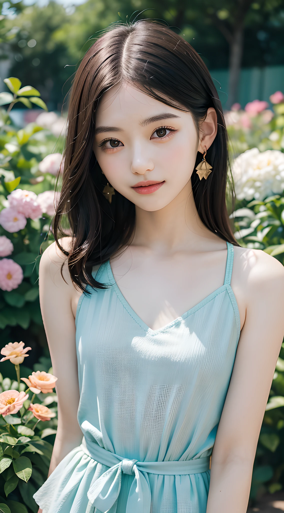 (masterpiece, best quality:1.8), delicate girl, beautiful face, flowers, elegance pose, 8k, official art, raw photo, absurdres, 85mm portrait, violaceaess, gardeniass, upper body, (close up face:0.8), (peplum tops:1.2), long pants, large breasts, cinch waist, thin arms, thin waist, arch back, looking at viewer, small earrings, sophisticated, no makeup, facelight, clear lighting, film grain, chromatic aberration, sharp focus, shiny skin, (smile:0.7), garden, (bokeh background:1.2), simple background