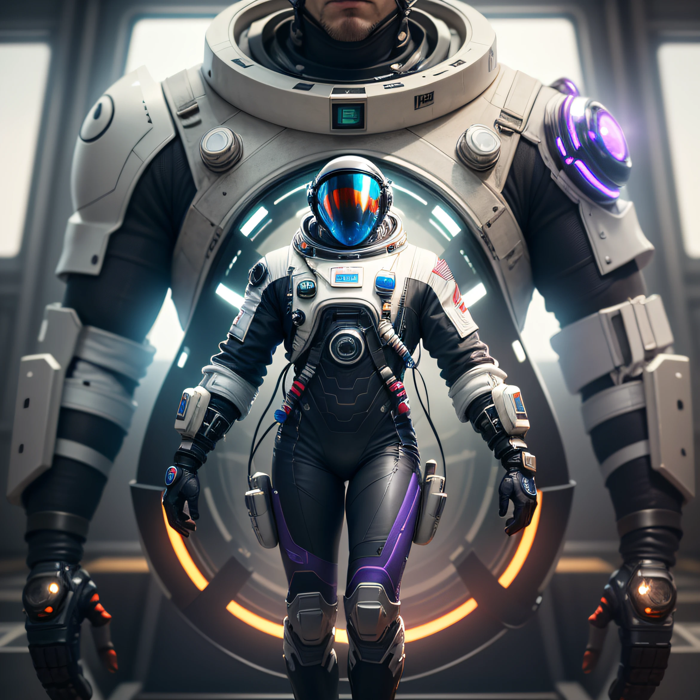 futuristic astronaut, man, ultra realistic, enough detail, helmet with video full of reflections, cyberpunk, black and purple costume + Whole Body + Ultra realistic, Face Detailed, Ultra Realistic Details, Cinematic Style Light Clear + Full Body, 8k, Render, Ultra Detailed, Side Light, Sunlight, Beauty Light, Clear Light --V 5