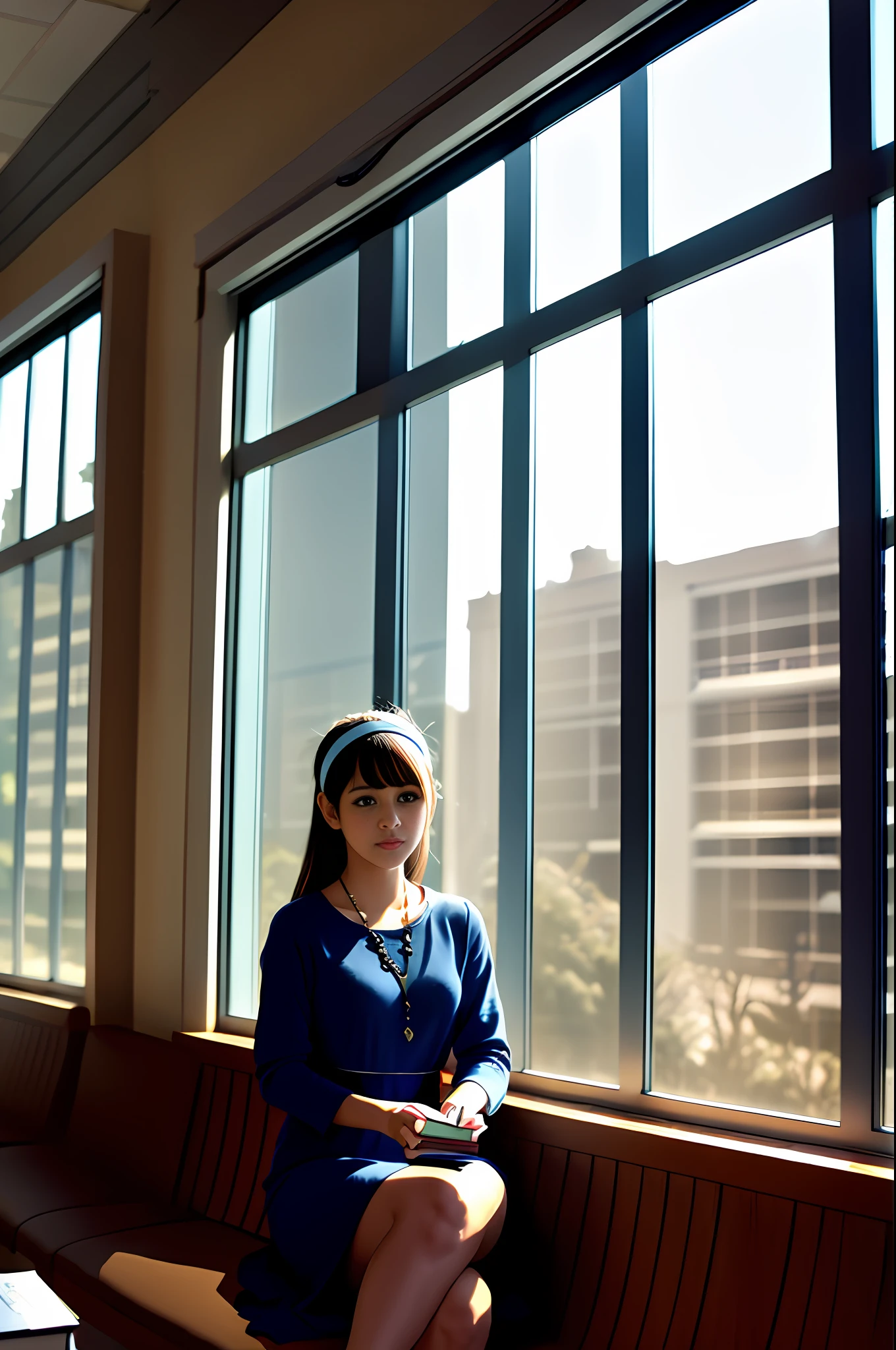 teens girl，cabellos largos dorados，Qi bangs，blue color eyes，Dark dress，Student Clothing，Dark headband，lacing，Sit in front of the window，lendo livros，indoor background，A lot of books，best qualtiy，big window