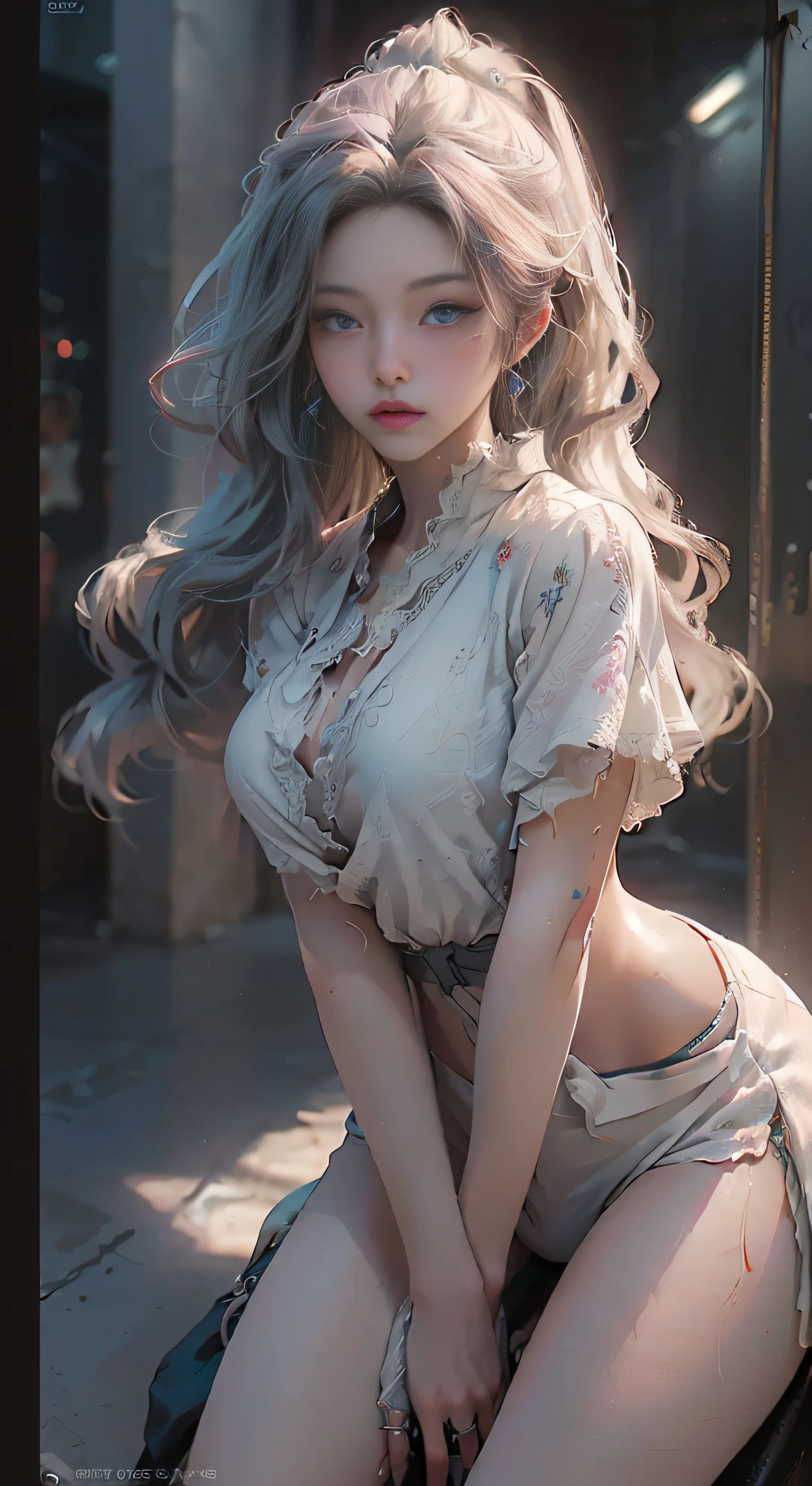 (Best Quality), ((Masterpiece), (Detail: 1.4), 3D, A Beautiful Cyberpunk Woman, HDR (High Dynamic Range), Ray Tracing, NVIDIA RTX, Super-Resolution, Unreal 5, Subsurface Scattering, PBR Textures, Post-Processing, Anisotropic Filtering, Depth of Field, Maximum Sharpness and Clarity, Multi-layer Textures, Albedo and Highlight Maps, Surface Shading, Accurate simulation of light-material interactions, perfect proportions, Octane Render, two-color light, large aperture, low ISO, white balance, rule of thirds, 8K RAW, realistic, (dignified fluff, perfect proportions, bright eyes, light makeup, big black eyes, pink and moist lips), white hair, big black eyes, cold storage, sharp eyes, flowers, (masterpiece, realistic, high resolution), ((1 girl): 1.2), ((white wavy long hair): 1.3), (business suit, office documents, sitting at desk, playing with mobile phone), ((big breasts): 1.5, thin waist: 1.2, strangled thighs: 1.3, fair and moist skin)