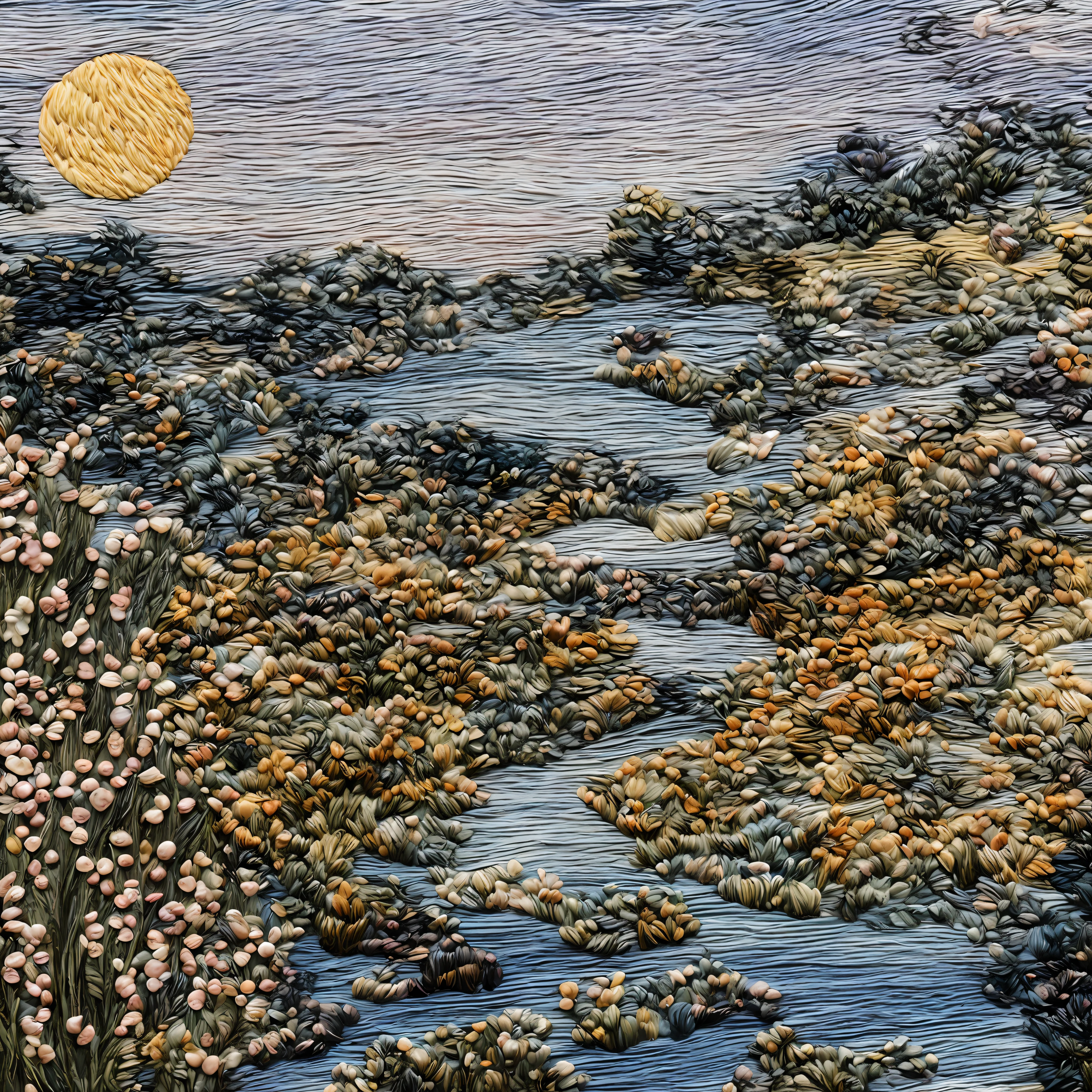 Embroidered with thread, A landscape with house of muted colors, From threads, embroidery, Boho, Matte, Individual threads, Gorgeous, magical photography, dramatic lighting, photo realism, ultradetailed, 4k, Depth of field, hight resolution