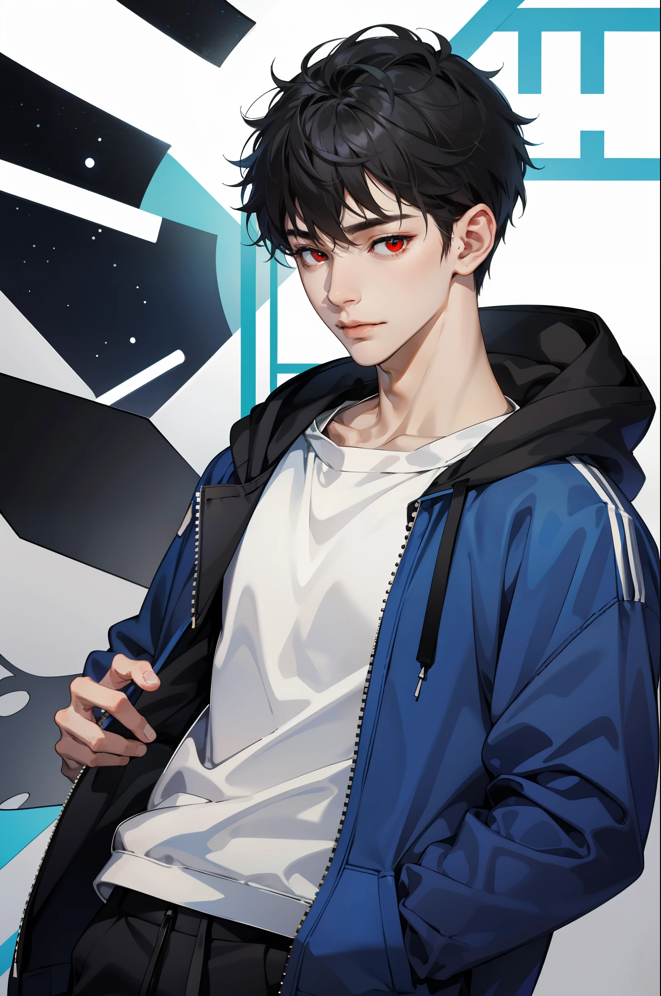 a young man in his mid-16s with white skin, red eyes, black hair, wearing a hoodie