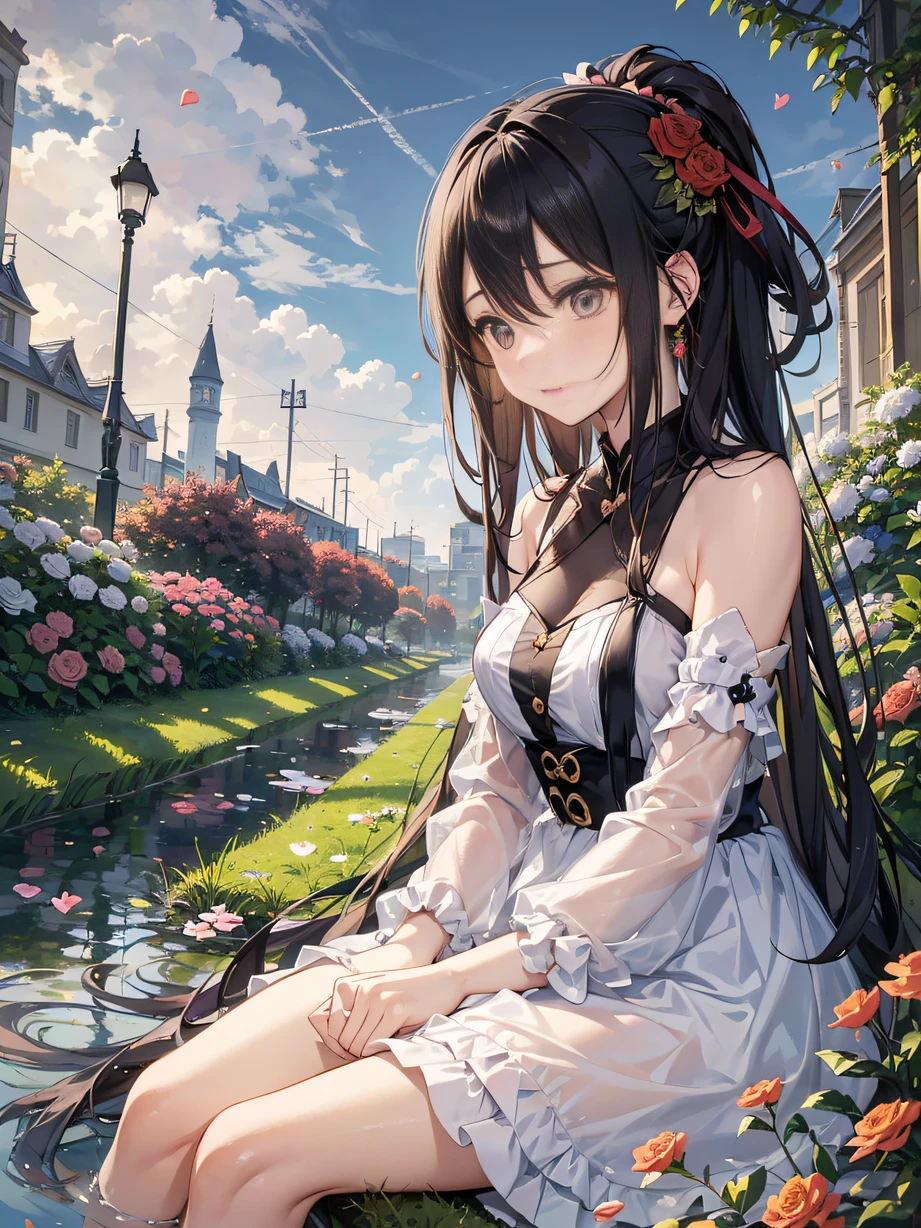 ，Masterpiece, Best quality，8K, 超高分辨率，The heroine walked into the desolate garden，The flowers in the bushes were disheveled by the wind，There is a sadness。she is sitting on the ground，Meticulously prune withered roses，Her tenderness and care for life are revealed in her movements。Although her own heart is heavy，But they are still willing to listen to the flowers。