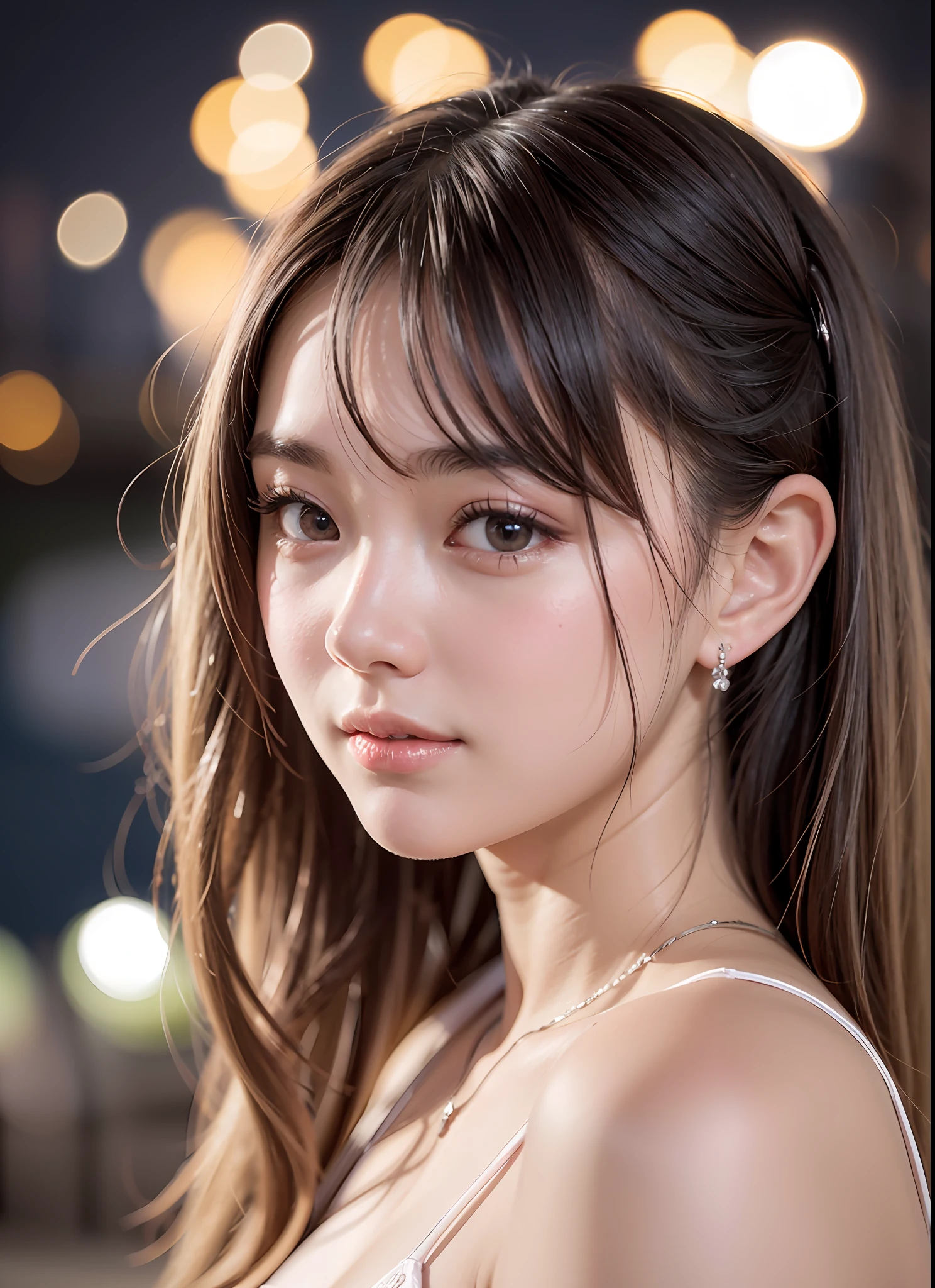 best、masutepiece、Ultra high image quality、realisitic、Stunning composition、1girly、**** student、(Beautiful Face 1.4)、A slender、a closeup、sand beach、natta、Watch the fireworks、Your face is illuminated by fireworks lights、extra detailed face、Too clear white skin、poneyTail