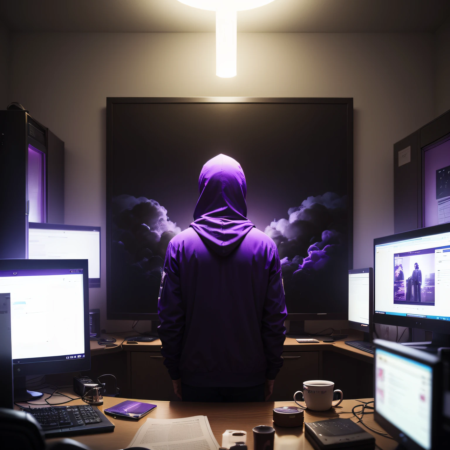 A dark room with low lighting in shades of purple and red, cluttered with multiple monitors, creating a mysterious atmosphere. A man facing away from the camera, shrouded in mystery, smoking and deeply focused on the screens --auto