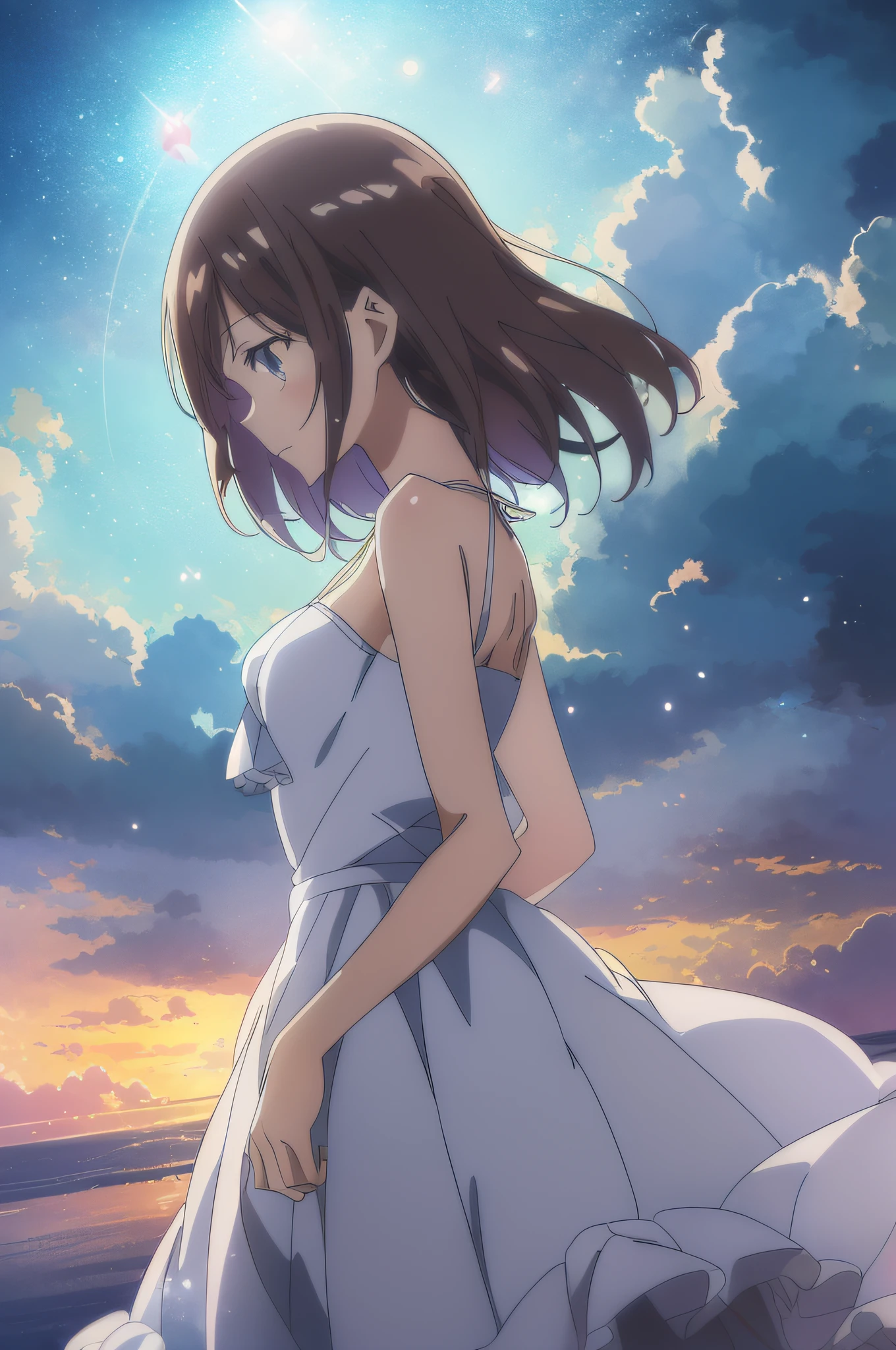 (top-quality,animesque,Anime Art Style,:1.5), Slender  girl, perspired,summer  dress,Looking away,Sleeveless,Shines,Particles of light、nice angle、Heat