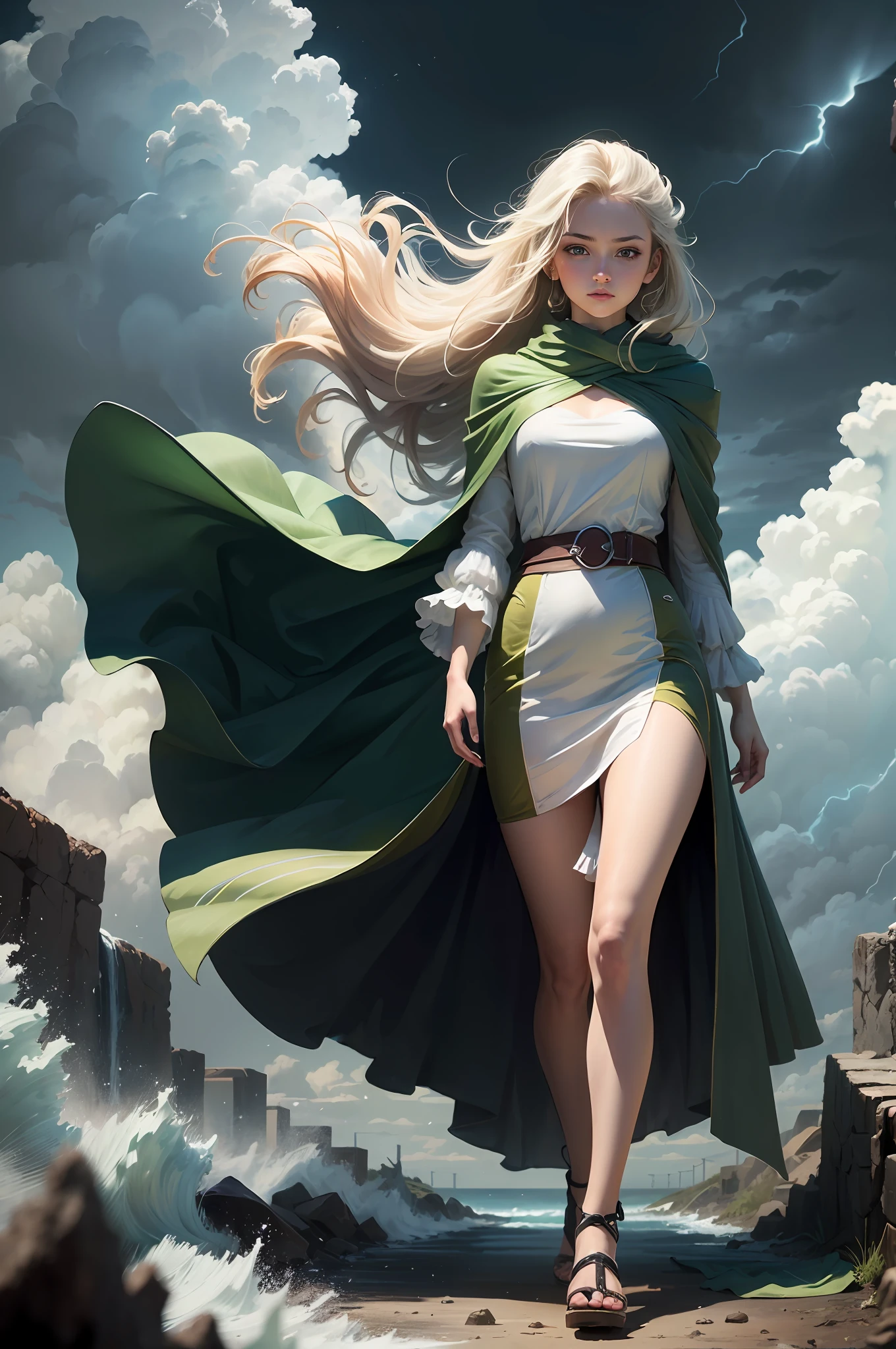 (masterpiece, best quality), 1girl, (flowing hair), long lime and white gradient hair, standing on cliff, (wind:1.6), tornado, (hurricane:1.3), green eyes, green mage robes, magic colors, wizarding world
