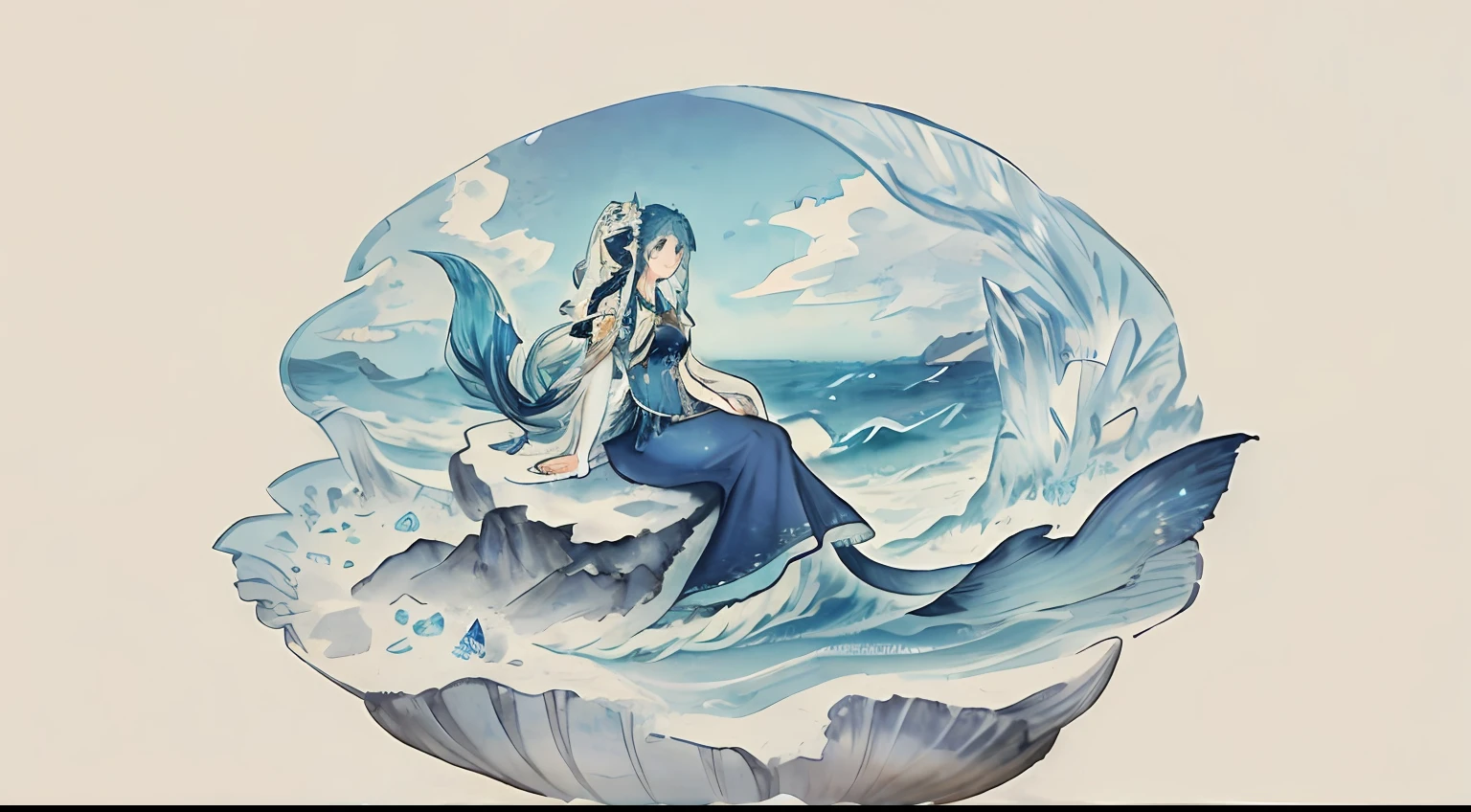 An endless ocean,Beautiful and noble mermaid princess,Sitting on a shell made of white crystal,Comb your hair with a blue crystal comb,The action of combing your hair,Pleasant and relaxed expression,Masterpiece,Lots of detail,wide wide shot,Full body photo