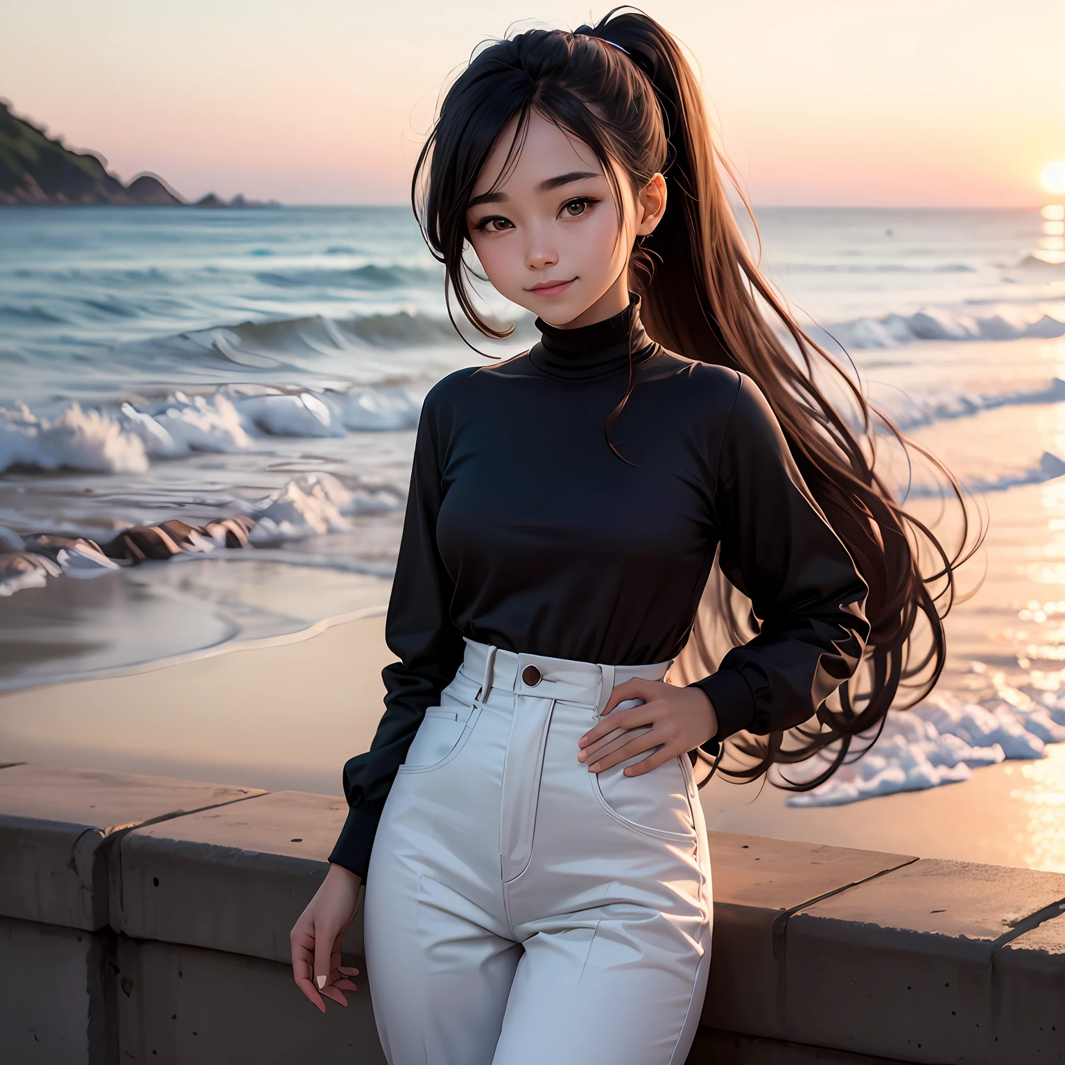 The 15-year-old goddess with a high ponytail stands straight There is only one person in the picture, soft and sweet expression, Smile, realistic dress, simple clothes: Korean style girls, beach, Big eyes, Long face Long sleeves and long pants