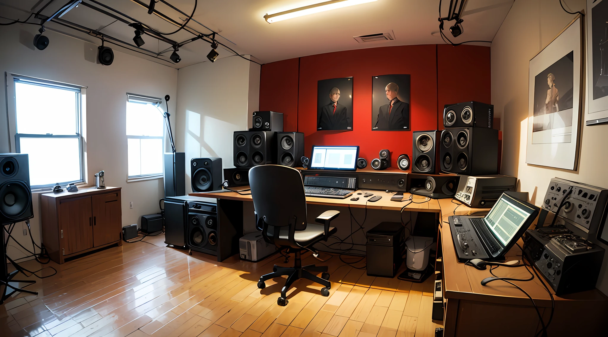 Empty, minimalist, and quiet, the recording studio is lit up by a bright red hue. Vintage equipment, including turntables and a microphone, adds old-school charm to the isolated space. Framed on the wall is a poster of blonde Eminem.