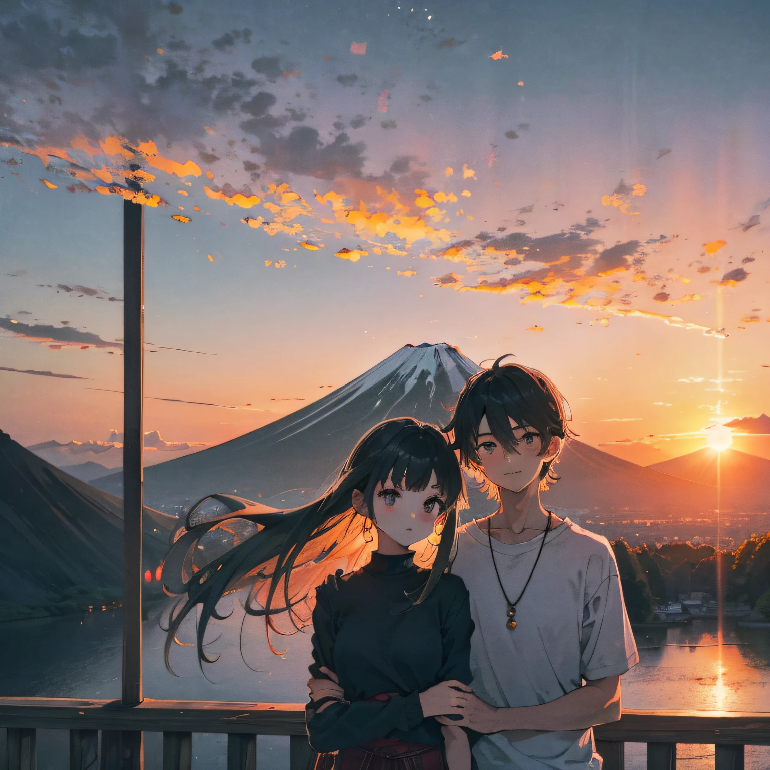Boy with his arm around girl watching the sunset at Mt. Fuji --auto