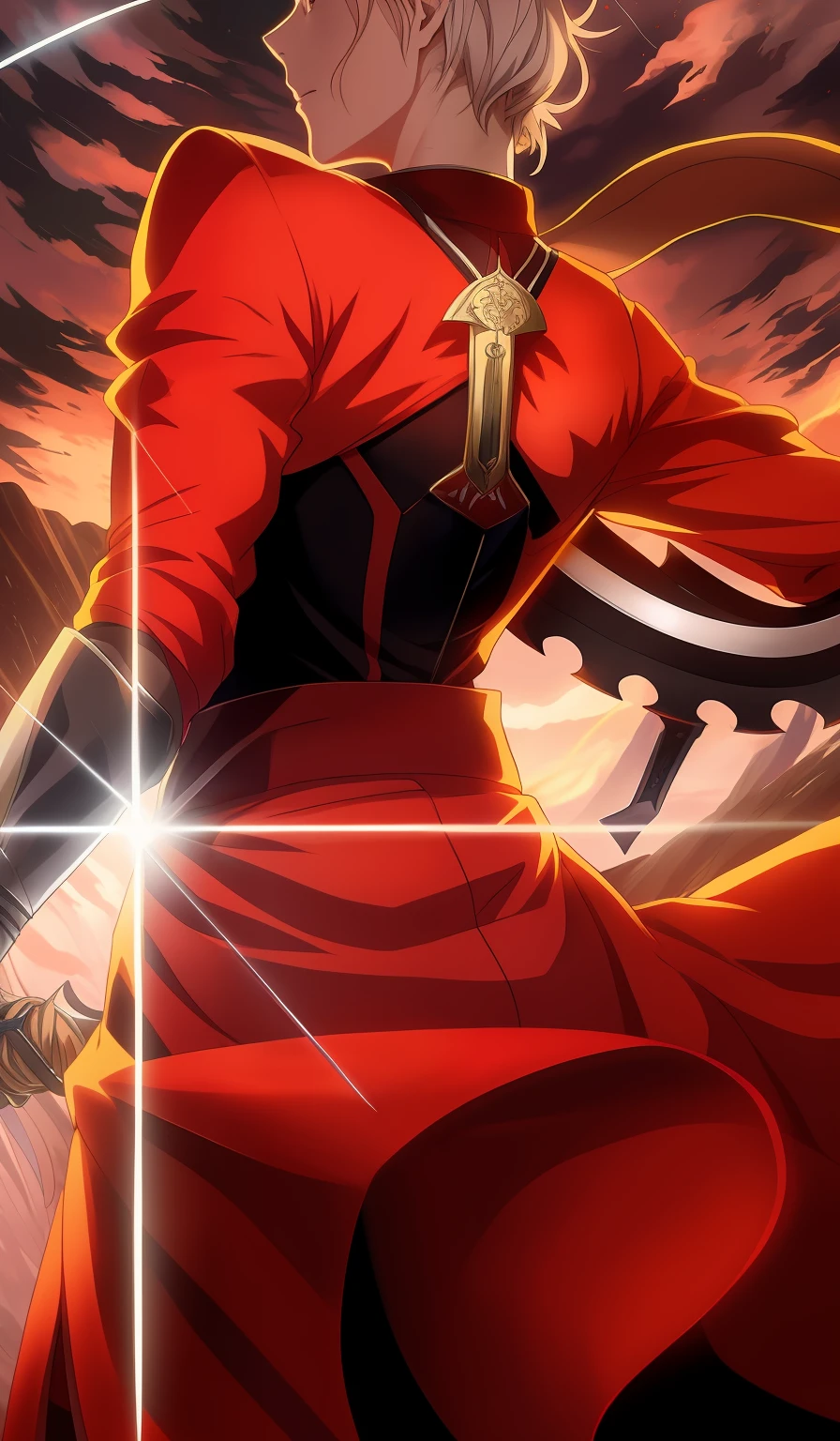 Anime - Stylistic image of a woman holding a sword in a red dress, unlimited blade works, fate / stay night, fate stay night, Detailed key anime art, anime style like fate/stay night, Anime epic artwork, fate/Zero, fate zero, tohsaka-rin, Epic light novel art cover, Epic light novel cover art, anime fencer