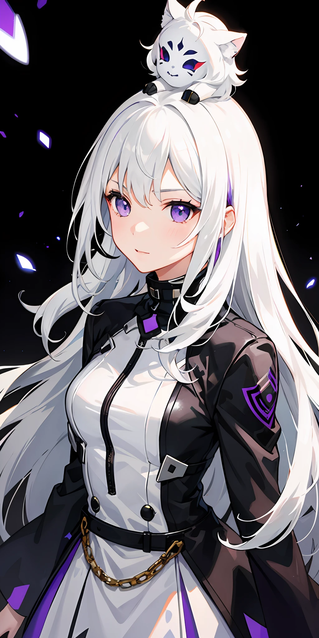 1girl, white hair, multicolored hair, purple eyes, mask on head, sidelighting, light particles, wallpaper,