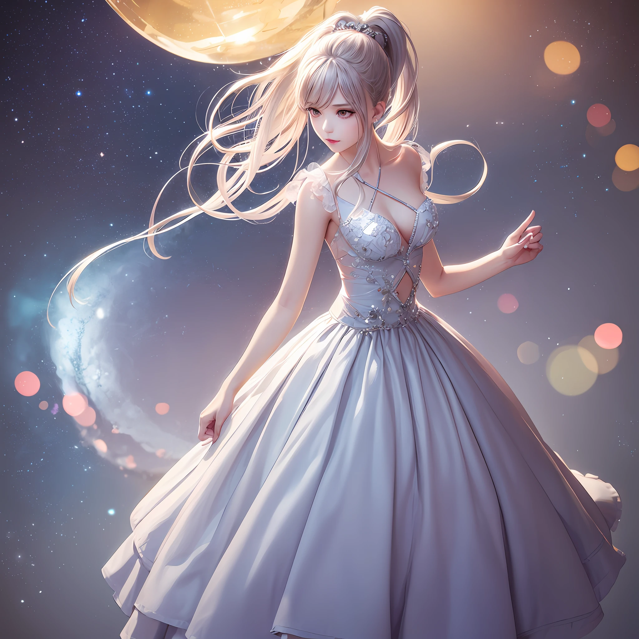 Highest quality，tmasterpiece，Realistic1.3，High detail skin 1.2，8K Ultra HD DSLR，high high quality，4K or 8K high resolution，Bokeh-like proportions（Four fingers and one thumb），Cute 1girl，Tall figure，High ponytail with white hair，Yellow-skinned white skin，Purple pupils，Fluffy princess dress，High-end photo effects with photo edge lighting，Perfectly proportioned fidelity1.3，Young woman，starryskybackground，The upper part of the body。 --auto