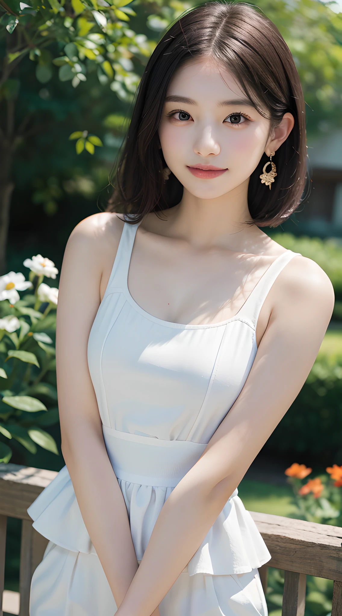 (masterpiece, best quality:1.6), delicate girl, beautiful face, flowers, elegance pose, 8k, official art, raw photo, absurdres, 85mm portrait, violaceaess, gardeniass, upper body, close up face, (white peplum tops:1.2), long pants, (large breasts, cinch waist:1.2), thin arms, thin waist, arch back, looking at viewer, small earrings, sophisticated, no makeup, facelight, clear lighting, film grain, chromatic aberration, sharp focus, shiny skin, (smile:0.7), garden, (bokeh background:1.2), simple background