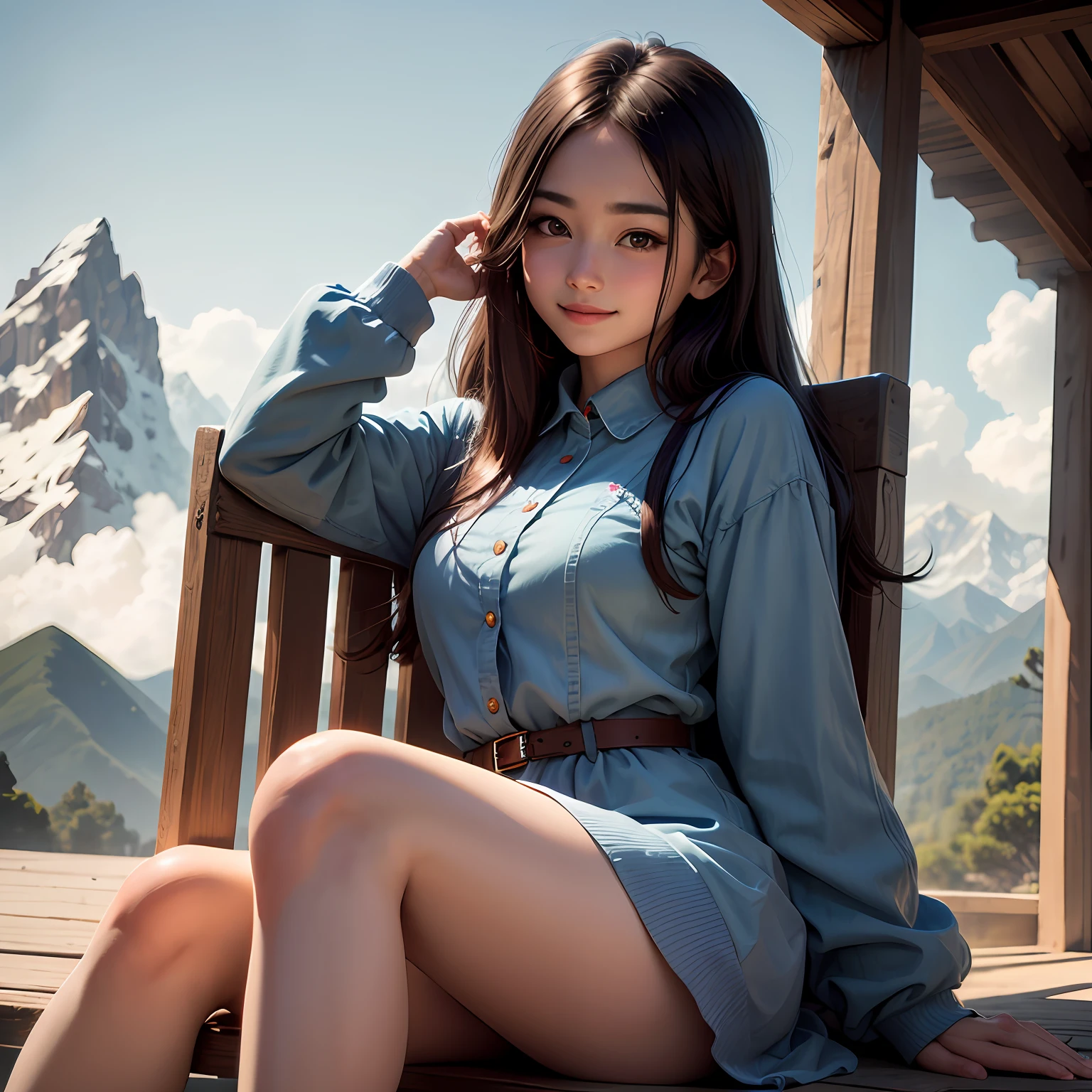 The 20-year-old goddess with a straight waist There is only one person in the picture, soft and sweet expression, Smile, realistic dress, Simple clothes: Korean style girls, rays of moonlight, Big eyes, Long face, long sleeves, sitting on the mountain upper body