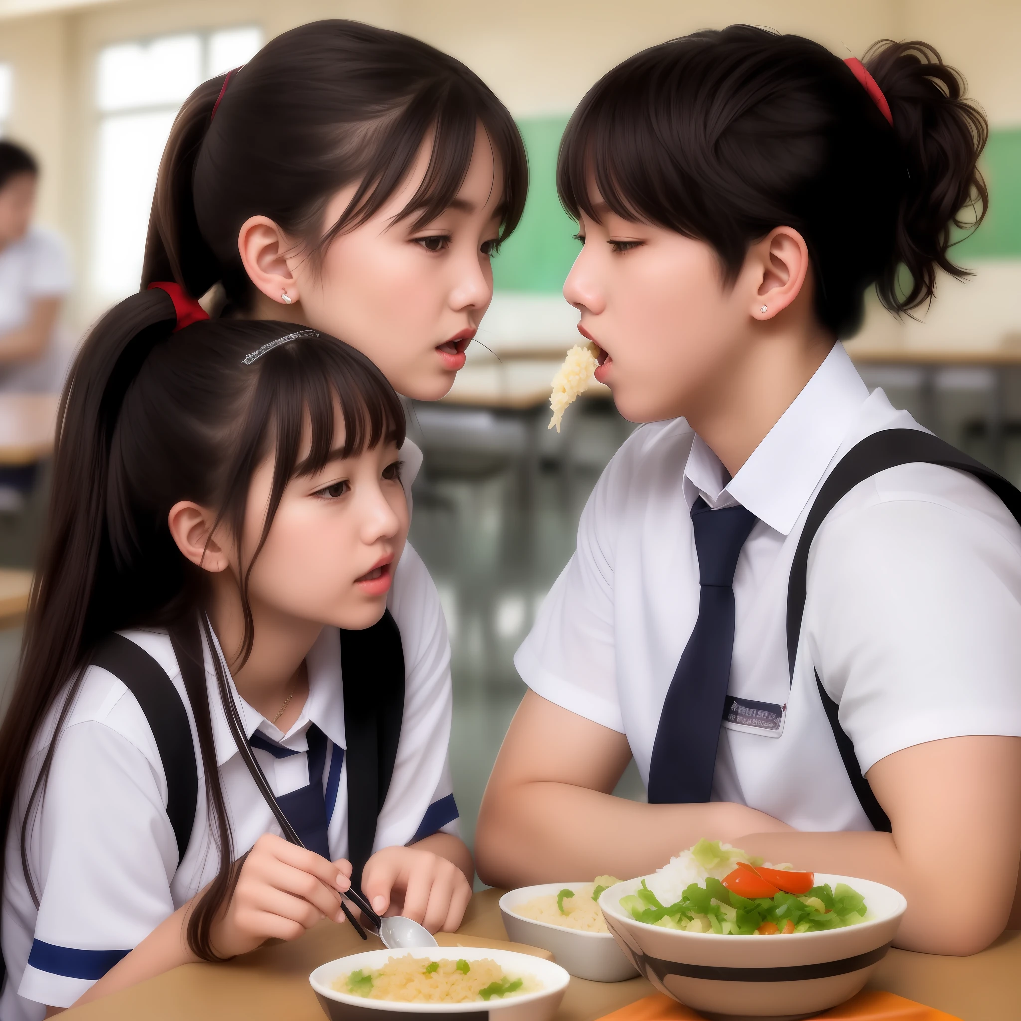 A girl with a high ponytail and a boy eat face to face in the school cafeteria，is shy，They didn't dare to look at each other，It's all black hair，All wearing school uniforms，Both had red faces，They all looked at the rice in their bowls