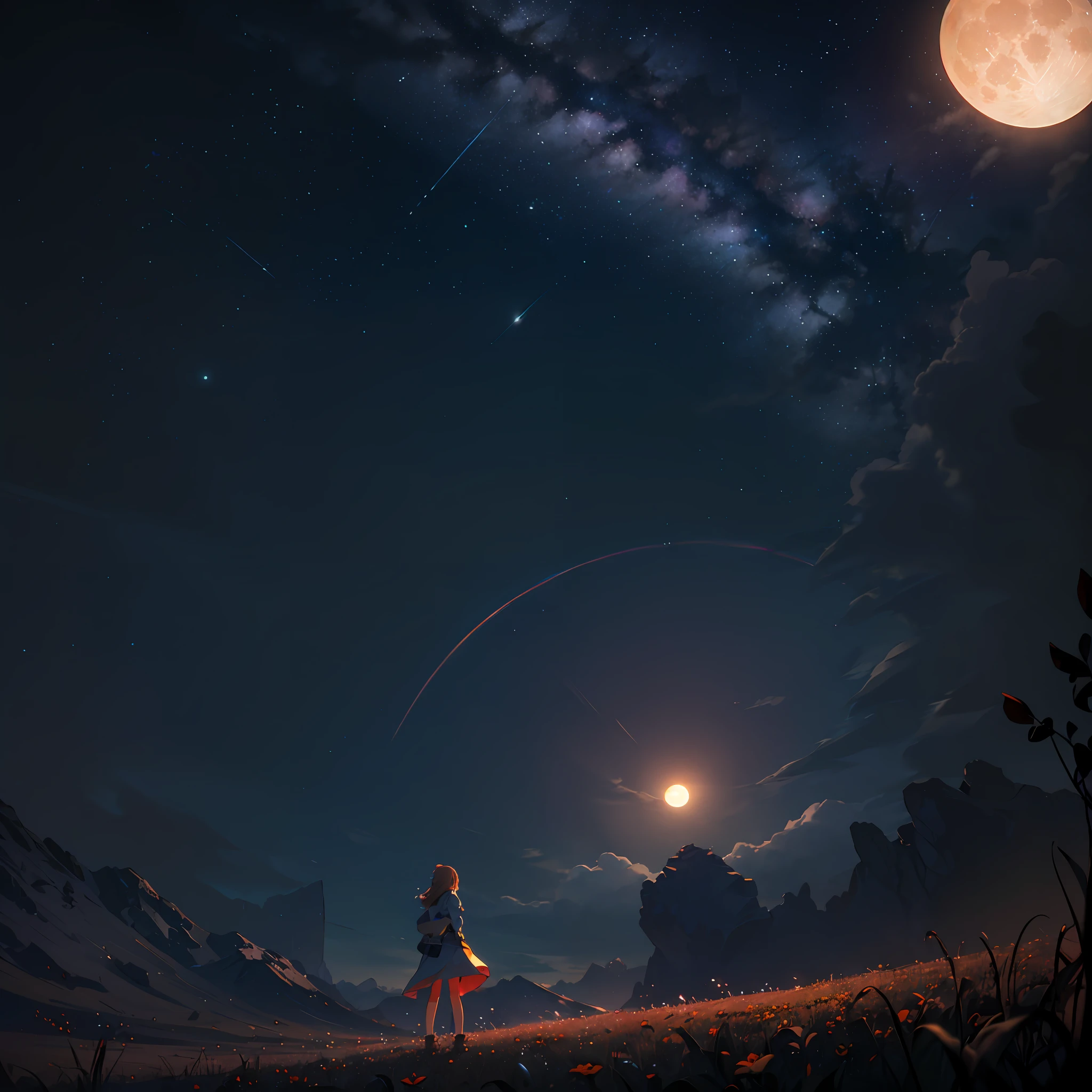 A wide landscape photo, (viewed from below, the sky is above, and the open field is below), a girl standing on a flower field looking up, (full moon: 1.2), (meteor: 0.9), (nebula: 1.3), distant mountains , Trees BREAK Crafting Art, (Warm Light: 1.2), (Firefly: 1.2), Lights, Lots of Purple and Orange, Intricate Details, Volumetric Lighting BREAK (Masterpiece: 1.2), (Best Quality), 4k, Ultra Detailed, (Dynamic Composition: 1.4), Rich in Detail and Color, (Rainbow Color: 1.2), (Glow, Atmospheric Lighting), Dreamy, Magical, (Solo: 1.2)