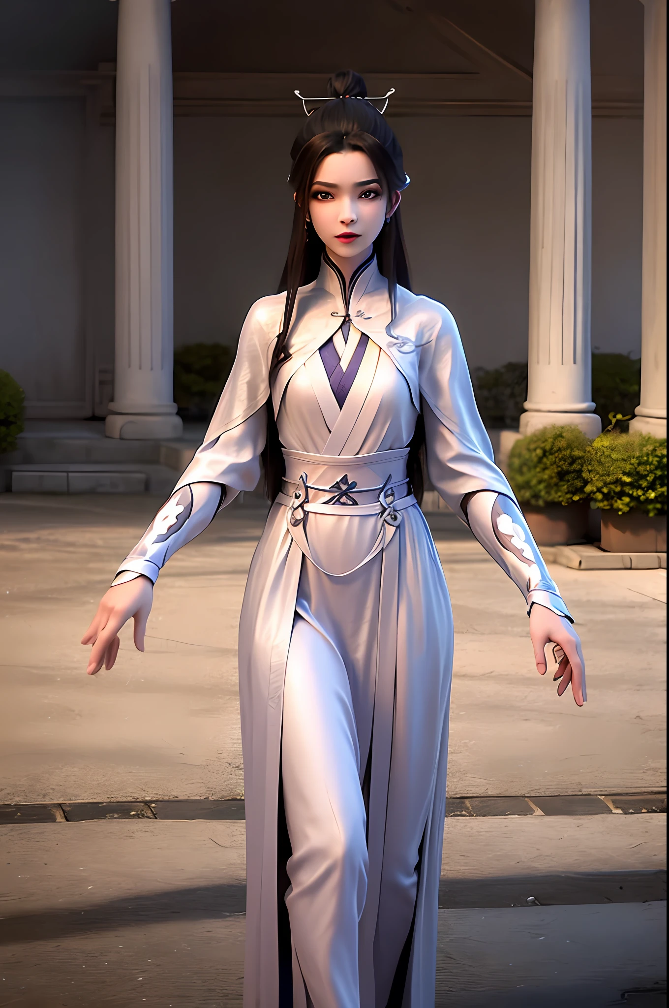 Best quality details, realistic,8K UHD, High definition, hyperdetailed, High quality detailed texture, High quality shadow, Detailed beautiful delicate face, Detailed beautiful delicate eyes, Depth of field, Ray tracing, perspective, 20's, only one person,
indoors,ancient china background, china patterns,
Pretty Kpop girl group,
head tilt, leg up, legs together, perfect body, lean body, medium breasts, thin waist, wide hips,
hair stick, hairpin, hair ornaments,
light smile, lovely face, slender face, fair white skin, glowing eyes, glossy lips, bags_under_eyes, pale pink lip, beautiful eyes, eyelashes, Thin lips, (noble girl), eyeshadow, makeup, eyeliner,
shawl, hagoromo, hanfu, detailed clothes,