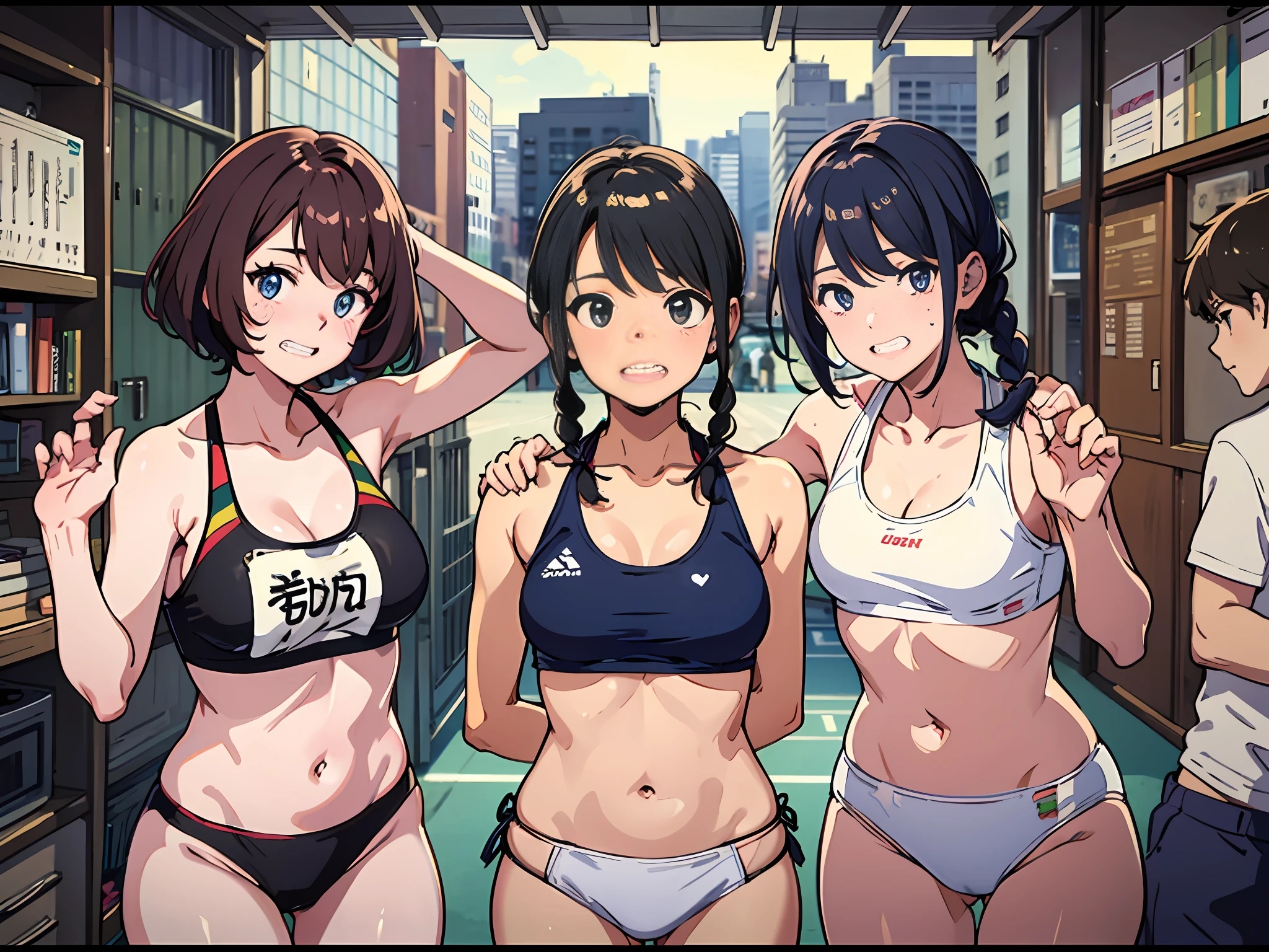 top-quality、embarrassed from、younger sister、track and field、Buruma student、sixteen years old、17 age、18year old、3 people、4men、sports bikinis、stick out buttocks、Home、I love my brother、Clenching teeth、Eyes are heart marks、show the grinps、looking in camera、poneyTail、bob cuts、Braids、The whole body is shown.。