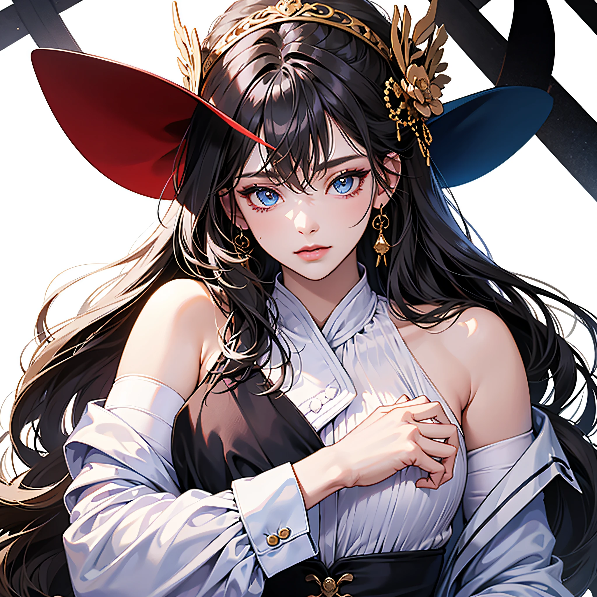 best qualtiy,highly detailed,tmasterpiece,ultra - detailed,white offshoulder shirt,Kizi,simplebackground,Elaborate Eyes,blacksilk,Raised sexy --auto