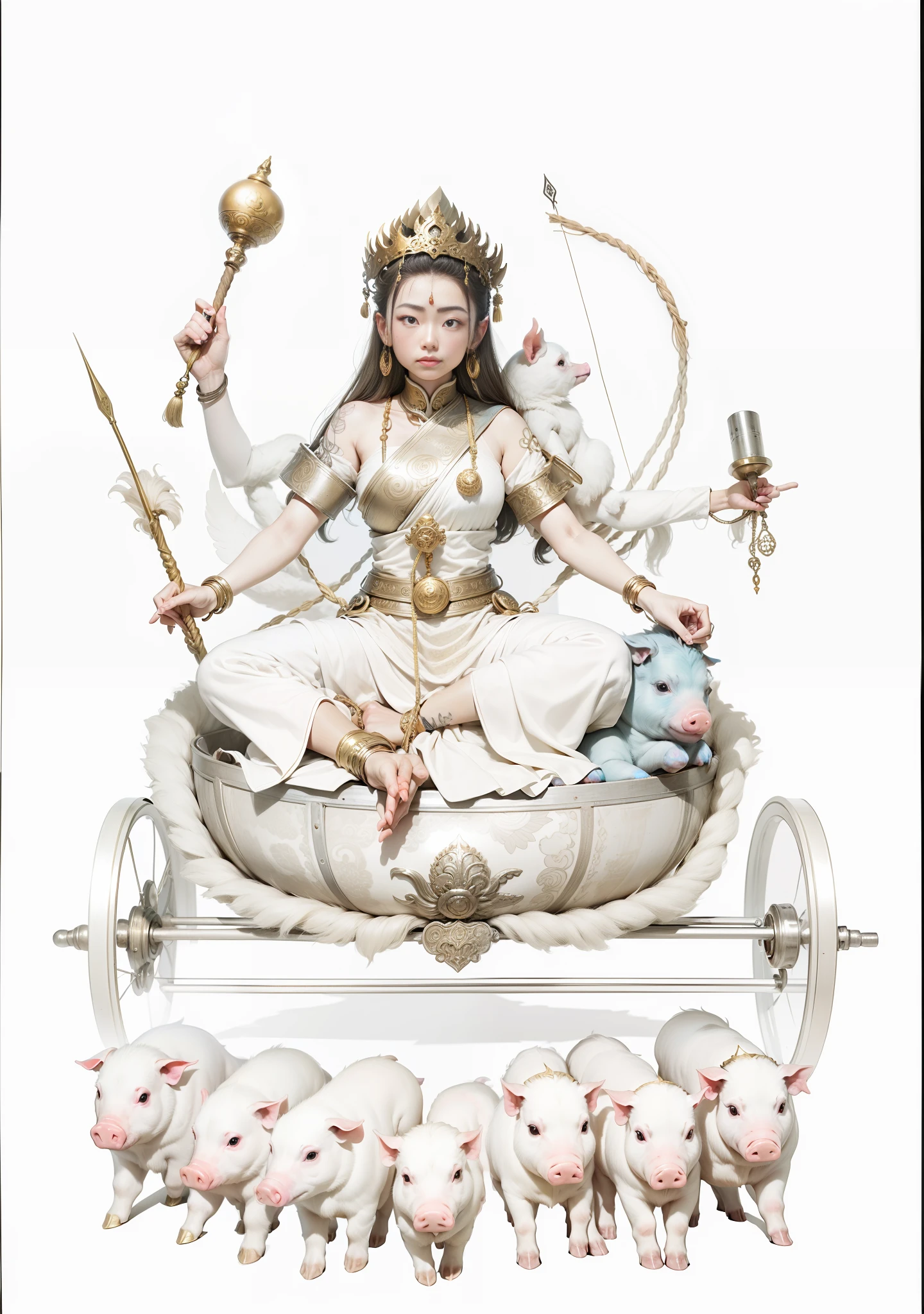Three-headed, Six-armed female bodhisattva,Sit in a golden car,There are two wheels,A total of six hands hold various magic weapons,The ones on the right-hand side are;axe、arrow、stitches,The left hand holds the same;the bow、Cord、ligne,Bodhisattvas have fair skin,Wearing a golden crown,Bundle hair blonde,jewelry,Yingluo,Light blue dress,In front there are seven piglets pulling carts side by side with ropes,There is a round light behind the bodhisattva,The light shines,Blue sky in the background,Draw a white moon on the left,Draw a sun on the right,The characters come to life,true to life,The lighting is a front light,The light is uniform and bright,The characters are bright and natural,Photographic techniques,