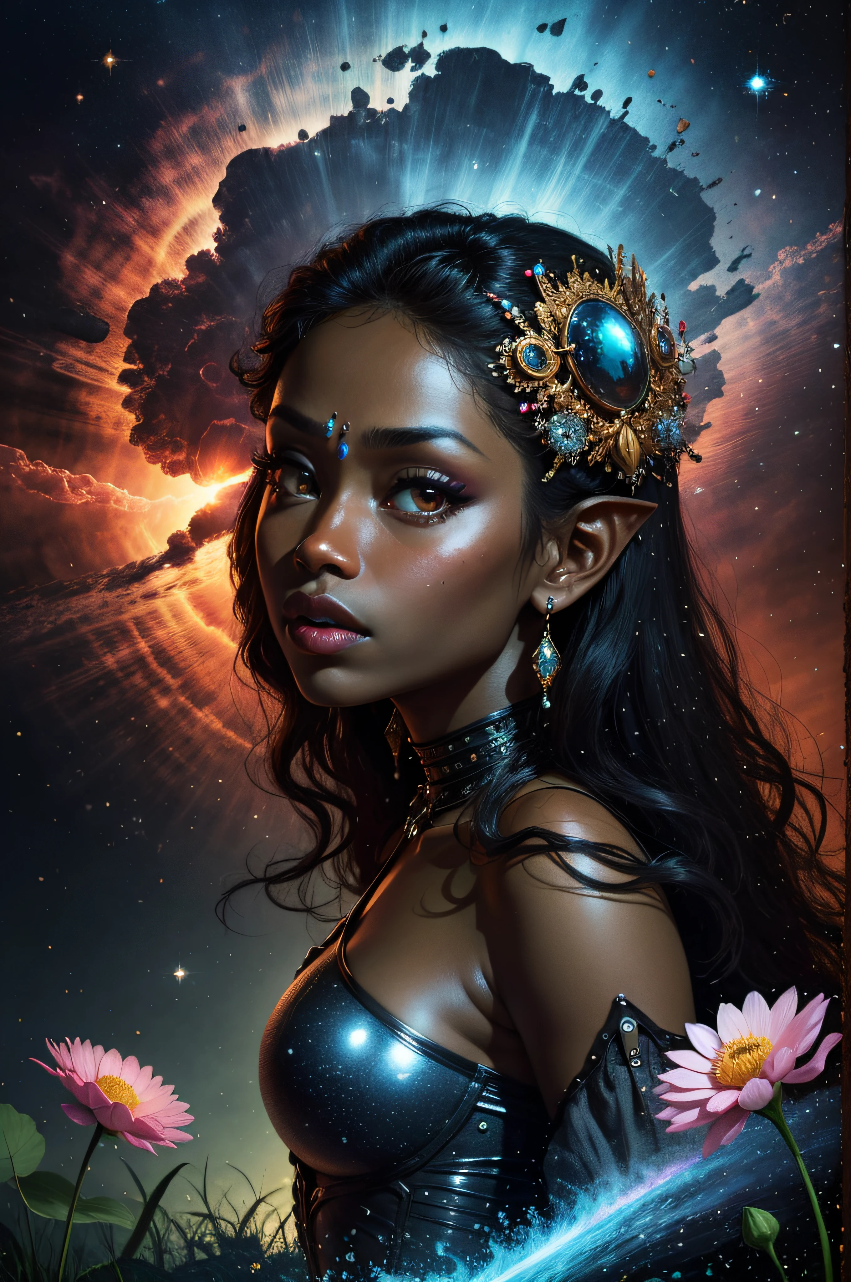 (high quality), masterpiece, best quality, extreme detail, 8k, action, image sharpness, Ultra detail hair, (dark skinned female, (dark skin))ultra detail face, cute face, beautiful, perfect eyes, perfect face, 1girl , pointy ears, long flowing hair, alluring, lipstick, makeup, black eyeshadow, jewellery, bracelet, (huge breasts), big breasts, (full body in frame), lotus, rose and thorn, alien planet landscape, octans, flowers, crystals, stellar space, starry sky, psychedelic sunset, galaxy, nebula, dramatic lighting, sparkles, in the style of edmund dulac