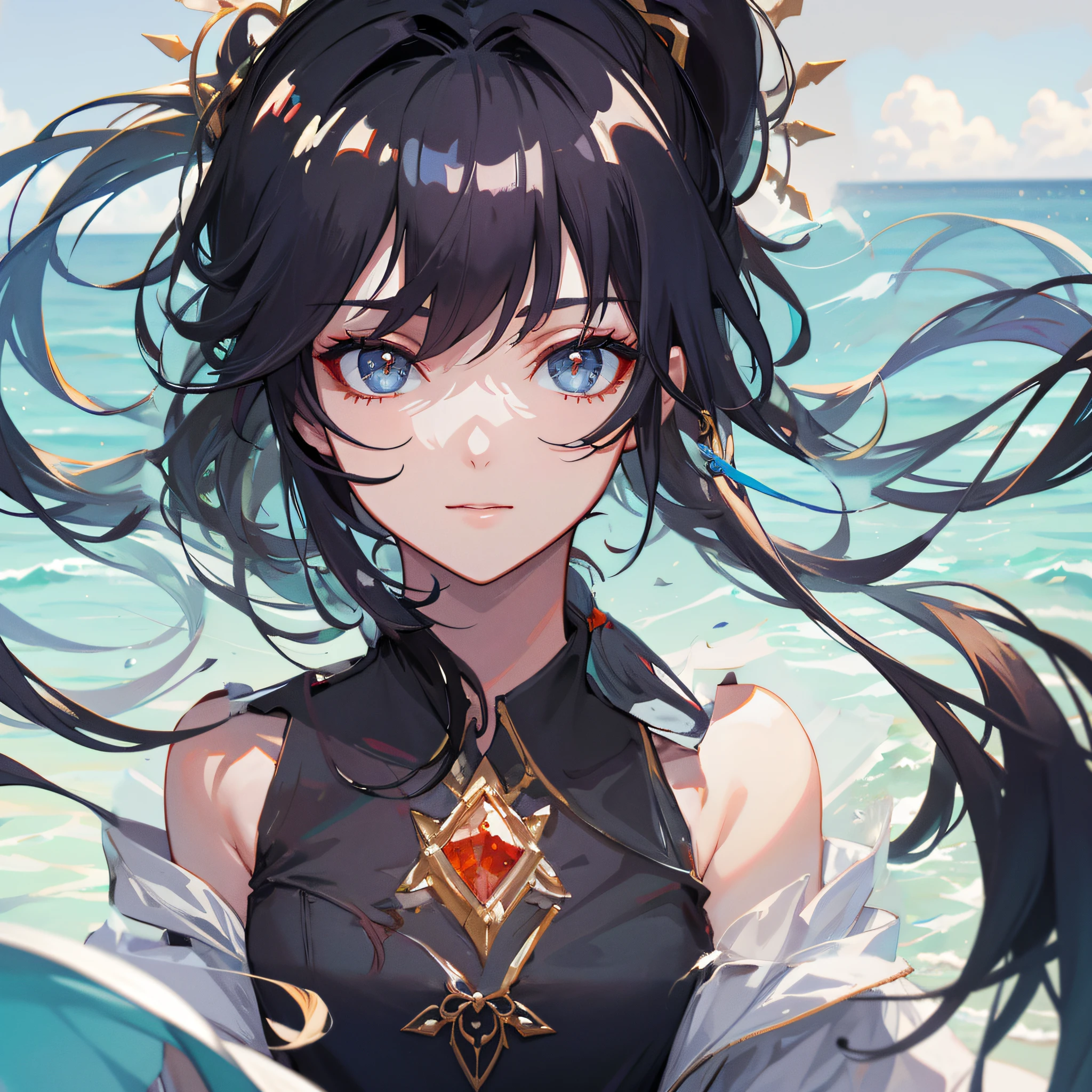 Black hair flying in the sea breeze,complaisant,Be organized,red hairband